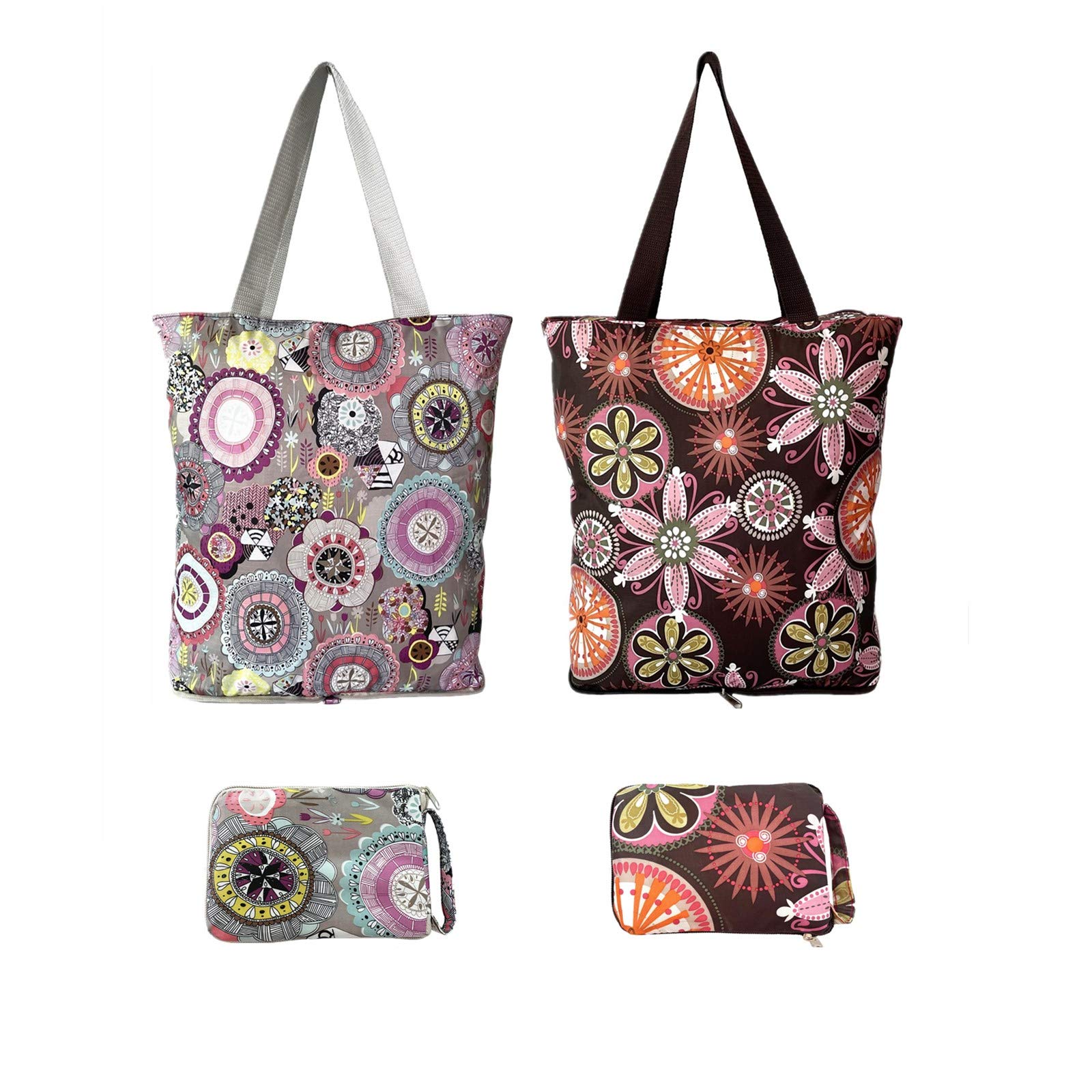 Foldable Waterproof Grocery Tote Bags 2 Pack - Large Reusable Shopping Bags with Zipper Closure, Lightweight & Durable for Daily Use - Floral Design for Groceries, Beach Trips, and Farmers Market Shopping