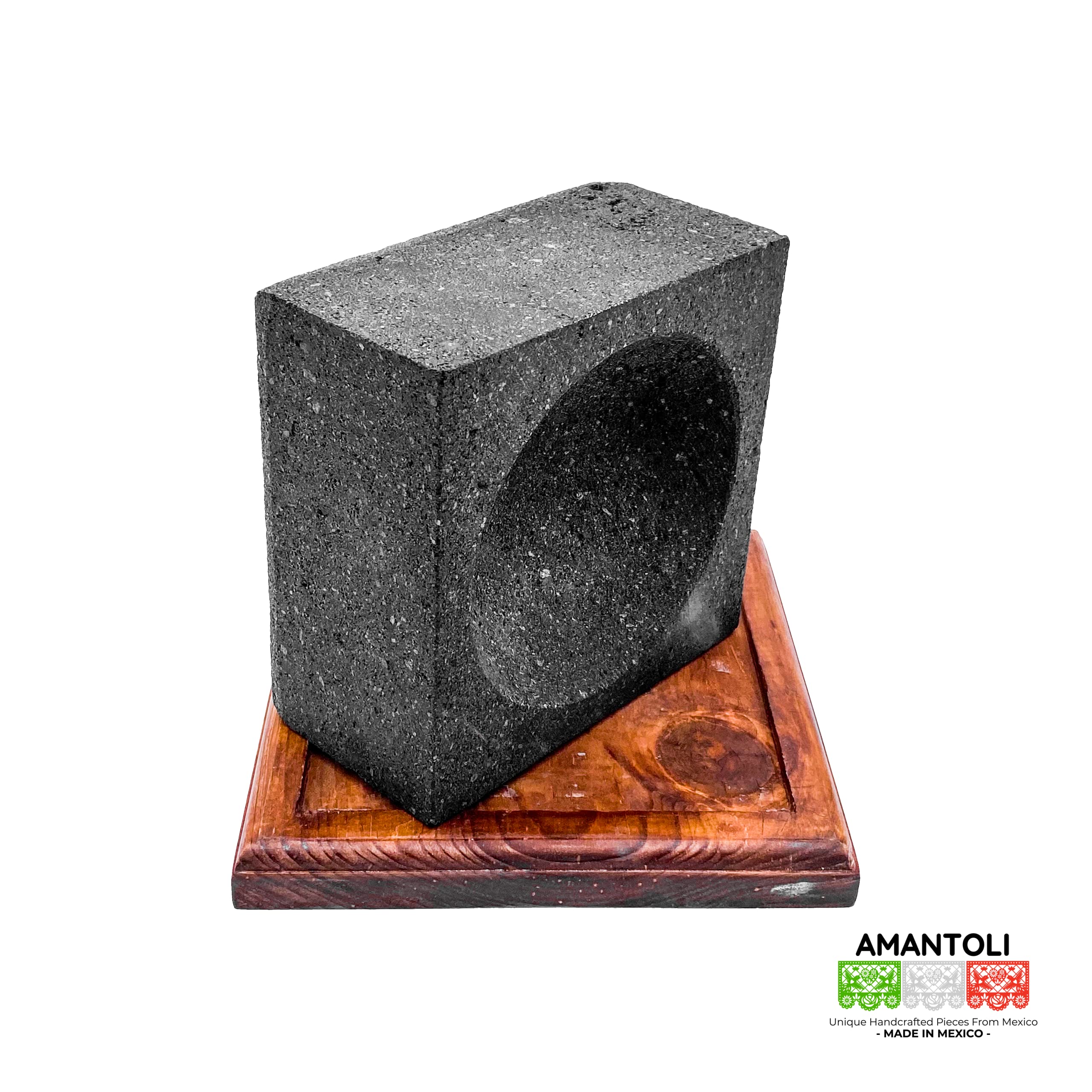 Handcrafted 6.5 Inch Mexican Lava Stone Molcajete Mortar & Pestle with Wooden Base - Authentic Volcanic Rock for Grinding Spices - Perfect for Making Guacamole, Salsa, Mexican Dishes & Kitchen Decor - Durable & Long-lasting Traditional Cookware (IXCHEL)