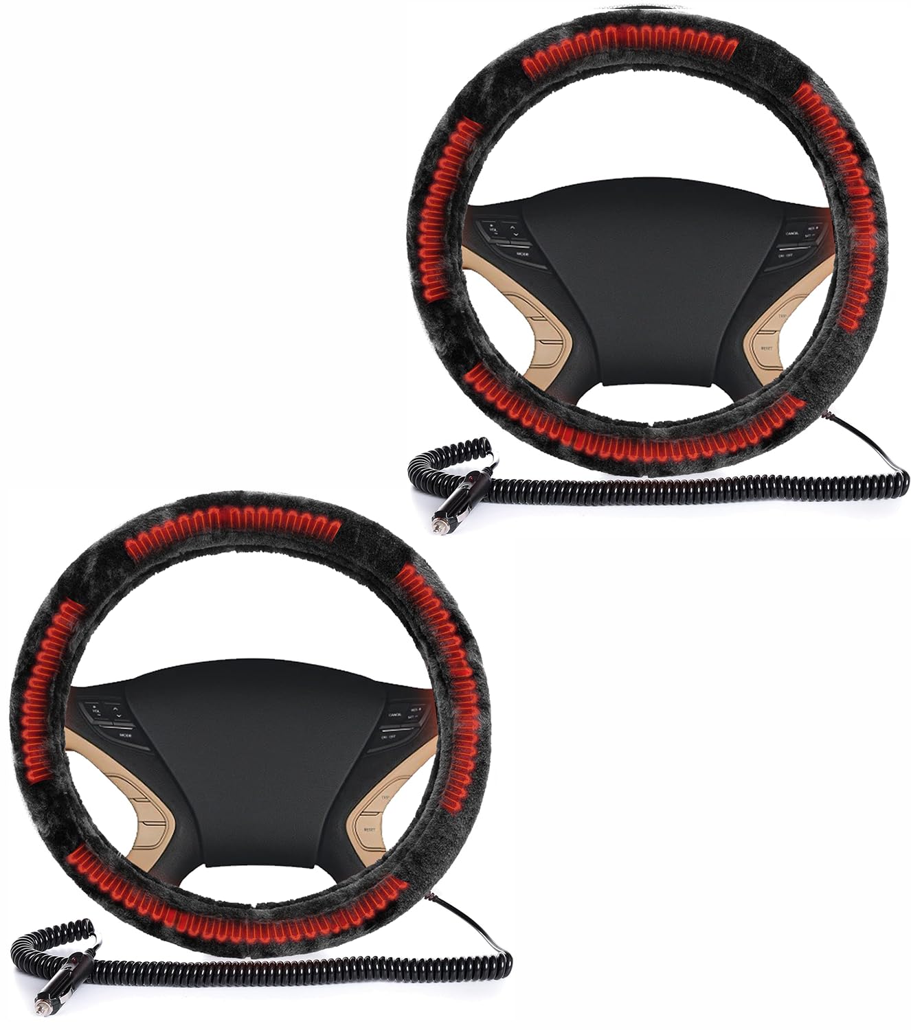 VaygWay Heated Steering Wheel Cover - 12V Classic Black Breathable Soft Plush Warmer for Cars - 15