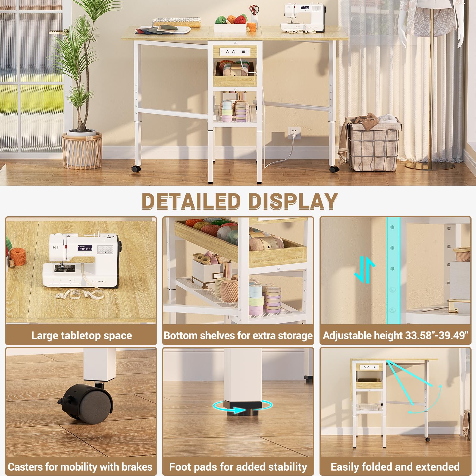Adjustable Height Folding Sewing Table with USB Charging Station & Storage - 50