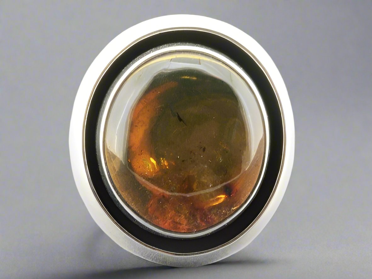 Vintage Double Bezel Ring with Genuine Amber & Oxidized Silver - Perfect for Boho, Gothic & Everyday Jewelry Styles