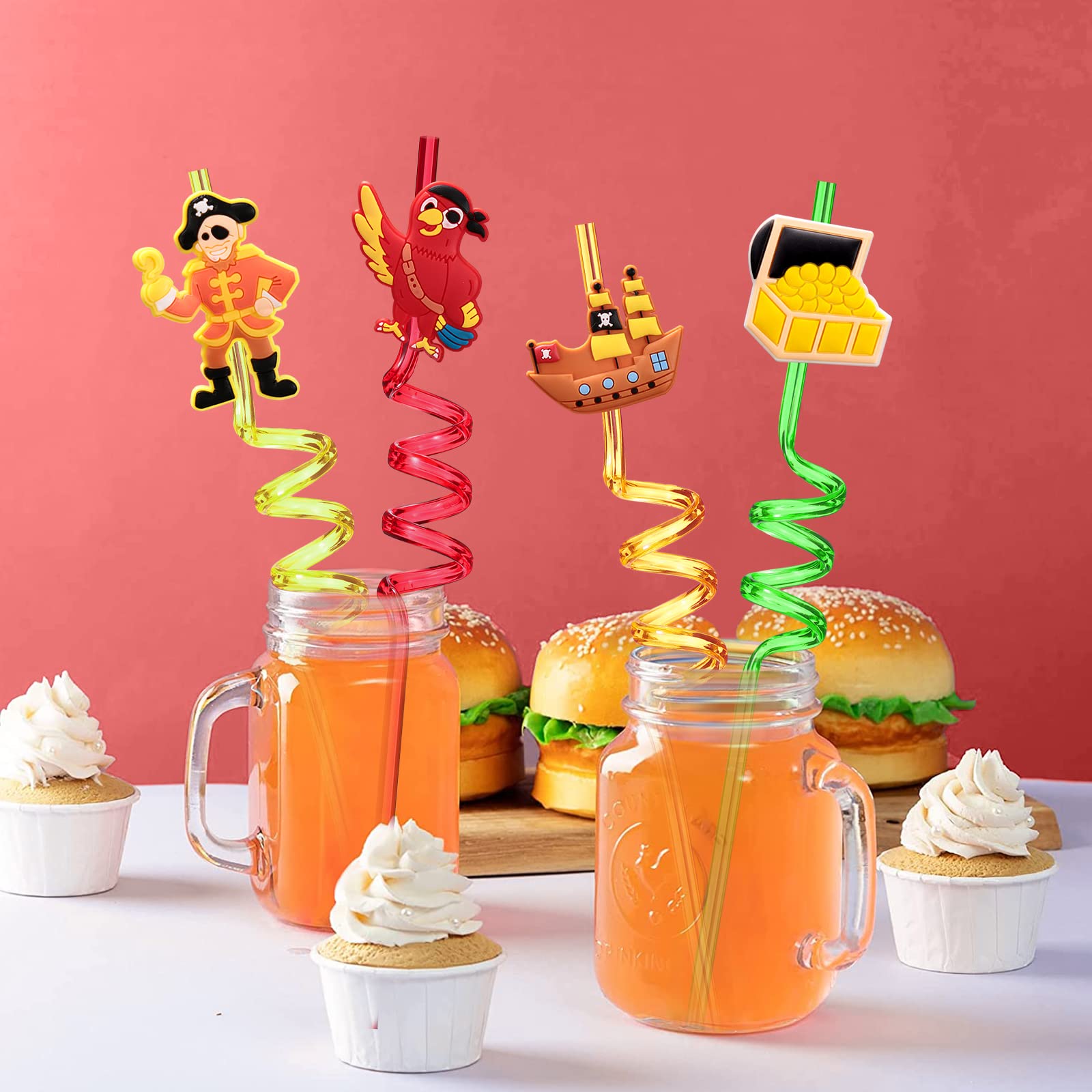 24 Pack Reusable Plastic Pirate Straws for Themed Birthday Parties - Includes 2 Cleaning Brushes - Perfect for Pirate Decorations, Kids' Parties & Halloween Events