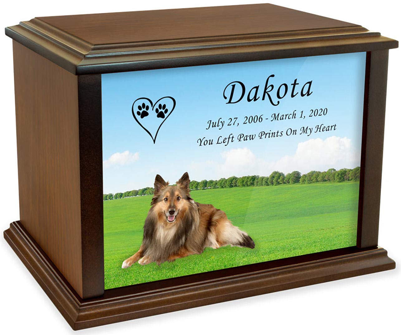 Personalized Sheltie Dog Wooden Pet Urn for Ashes - Custom Engraved Medium Size Pet Cremation Urn (Holds Up to 100 lbs) - Perfect Memorial for Beloved Dogs at Home or Garden Display