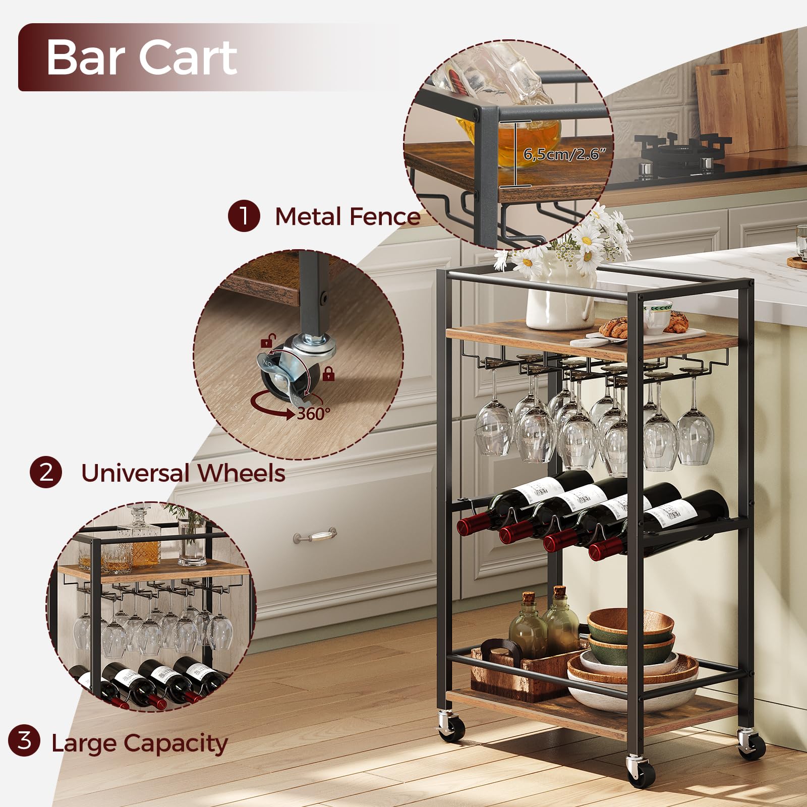 3-Tier Rustic Brown Bar Cart with Wine Rack & Glass Holders - Mini Rolling Serving Cart for Kitchen, Dining & Living Room - Perfect for Home Entertaining, Wine Storage & Space-Saving Organization (Model RCHR9301)