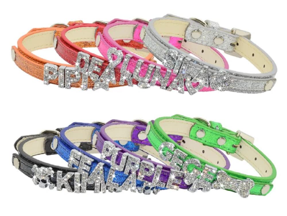Custom Rhinestone Name Dog Collar with Diamond Charms - Adjustable Leather Pet Collar for Small Medium Large Dogs (X-Small, Black) - Perfect for Puppy Training, Daily Walks & Special Occasions