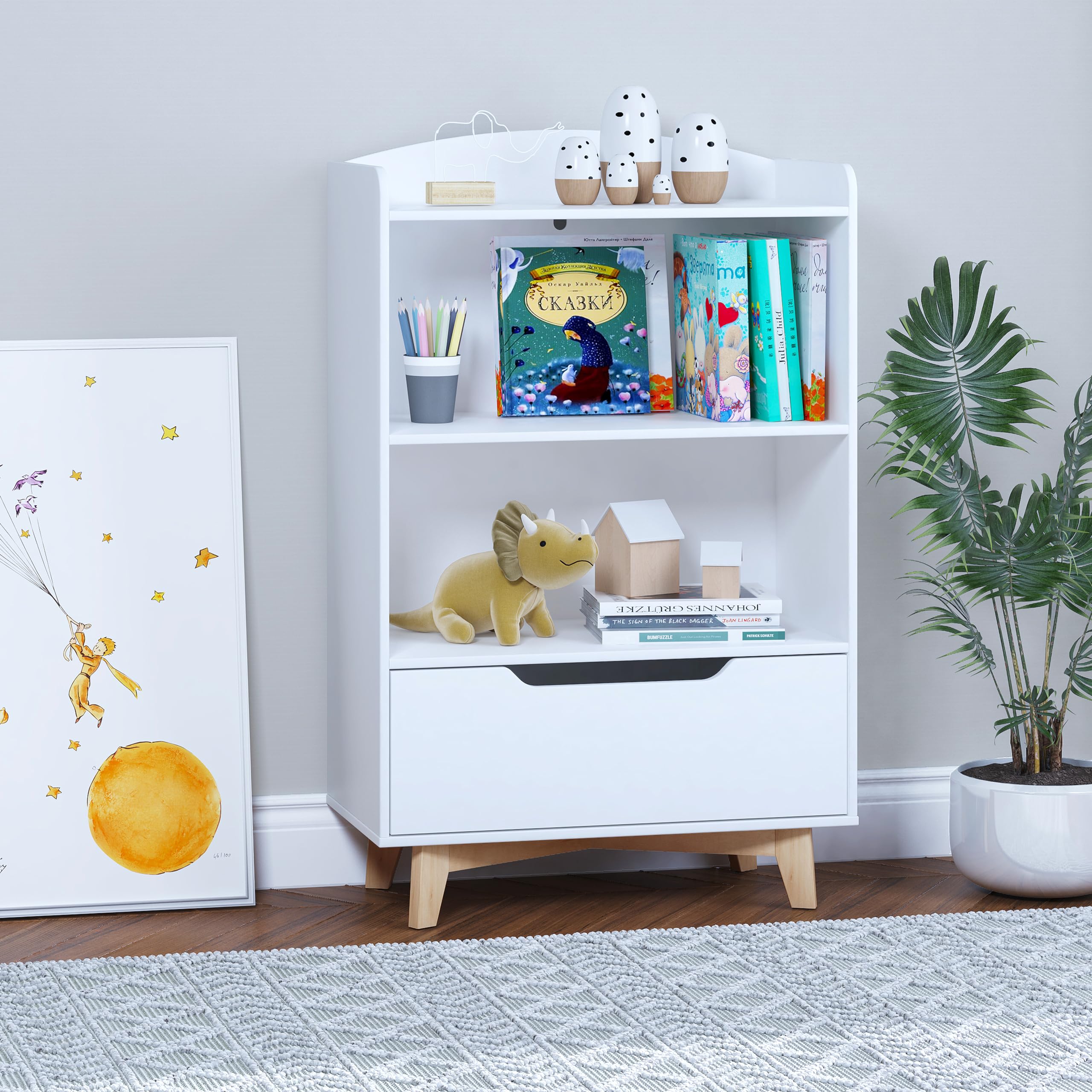 UTEX Kids Bookshelf with Storage Drawer - Wooden Toy Organizer for Playroom, Nursery, School - White | Perfect for Kids' Bedroom, Classroom & Daycare Storage