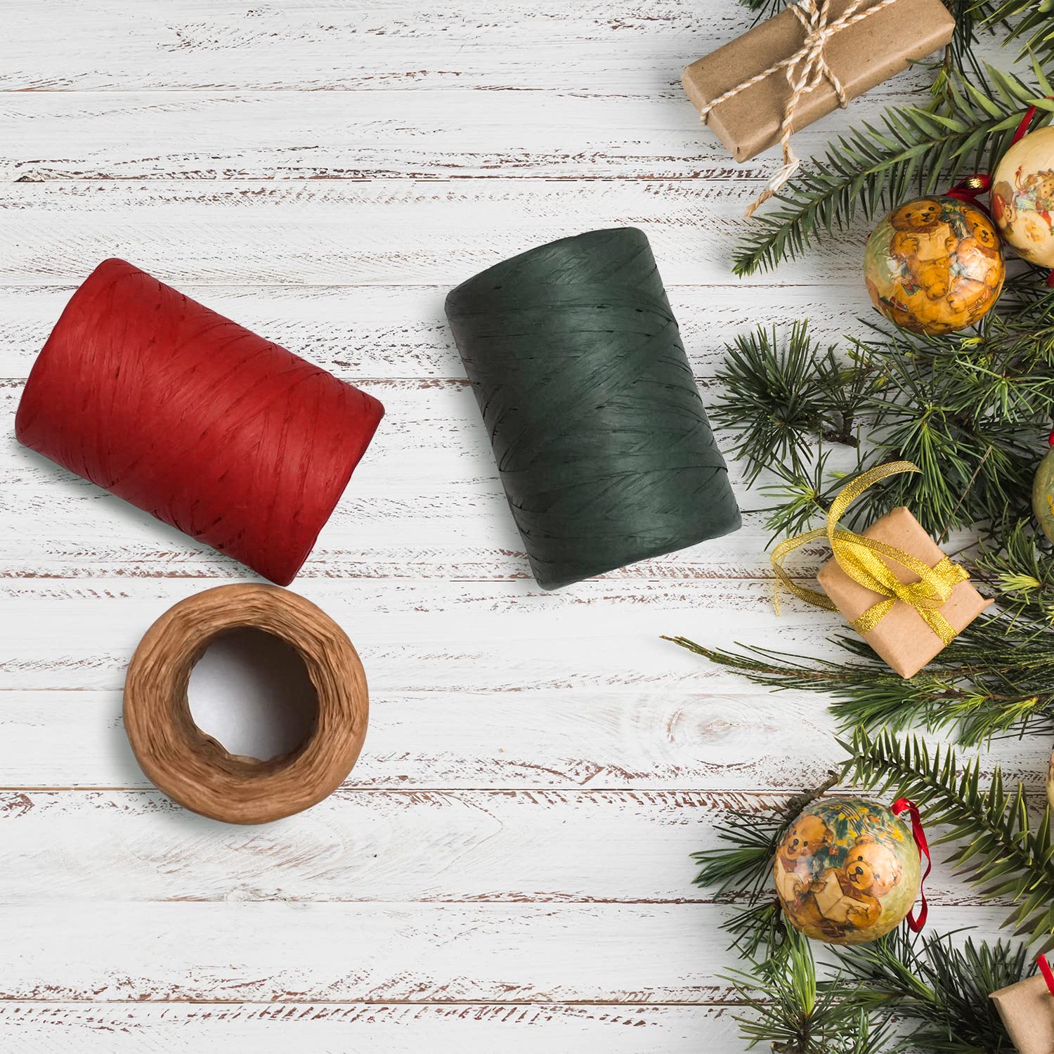 Premium Raffia Ribbon for Gift Wrapping - 3 Rolls Christmas Craft Ribbon, Packing Paper Twine (Red & Green Kraft, 1/4