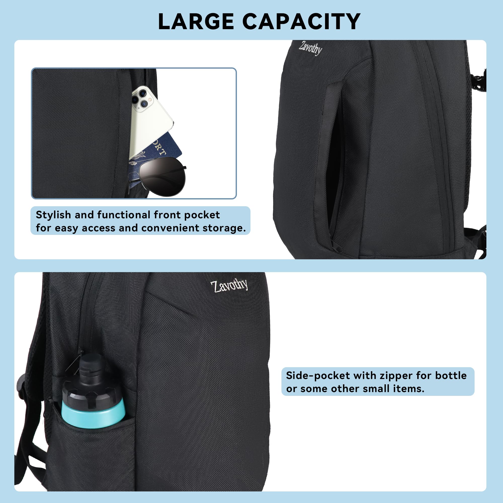 Zavothy Lightweight 15.6 Inch Laptop Backpack for School & Business - Water Resistant Casual Daypack for Women & Men (Black) - Perfect for College, Office, Travel & Daily Commute