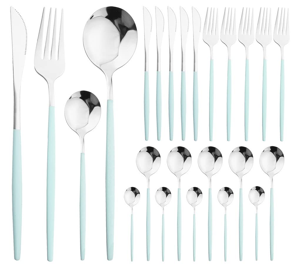 24-Piece Stainless Steel Silverware Flatware Set - Knife, Fork, Spoon for Dinner, Kitchen & Wedding (Mint Silver) | Elegant Tableware for Fine Dining, Home Entertaining & Special Occasions