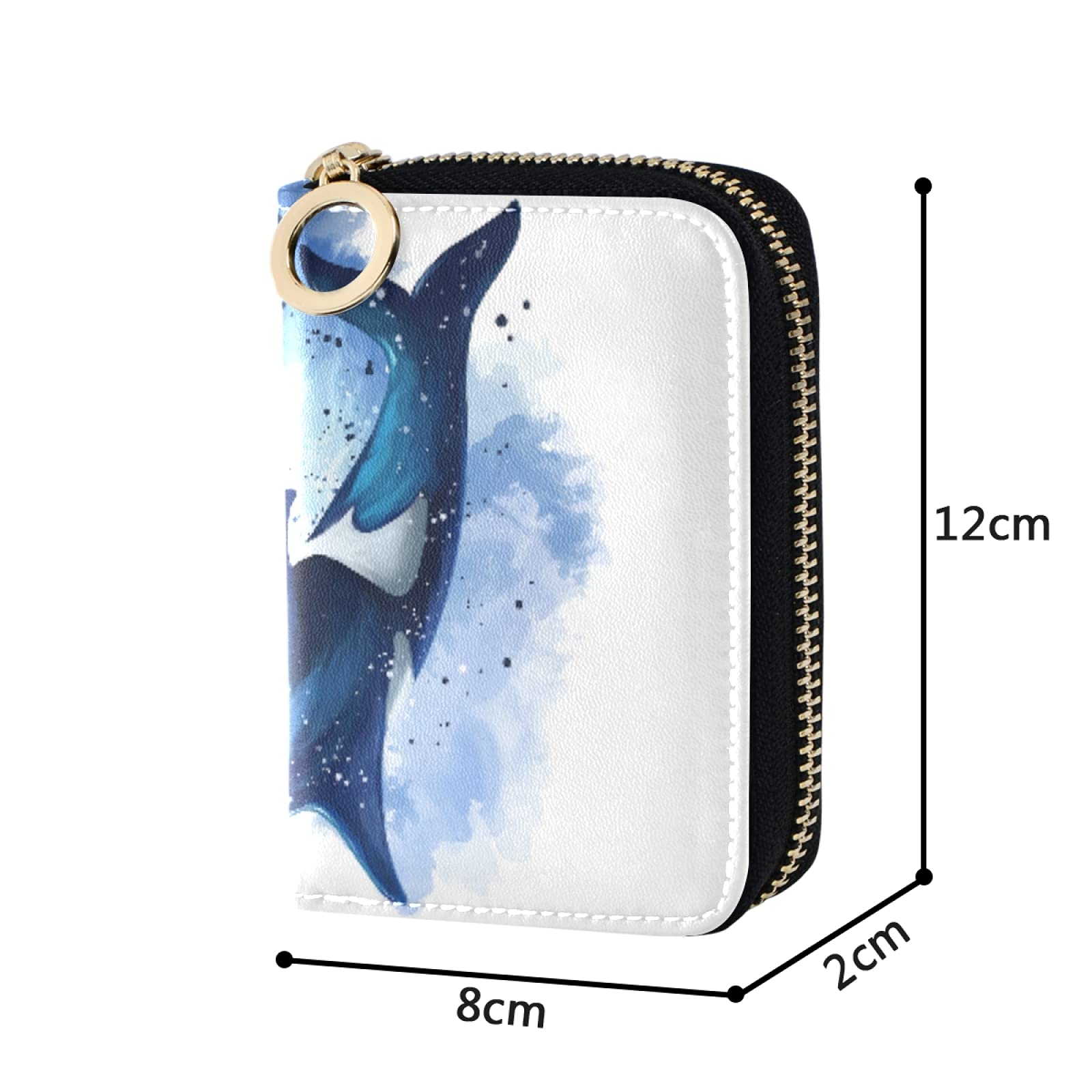 RFID Blocking Leather Wallet for Women - Compact Credit Card Holder with Zipper, Key Organizer & Coin Pocket - Watercolor Killer Whale Design - Perfect for Travel, Work & Everyday Use
