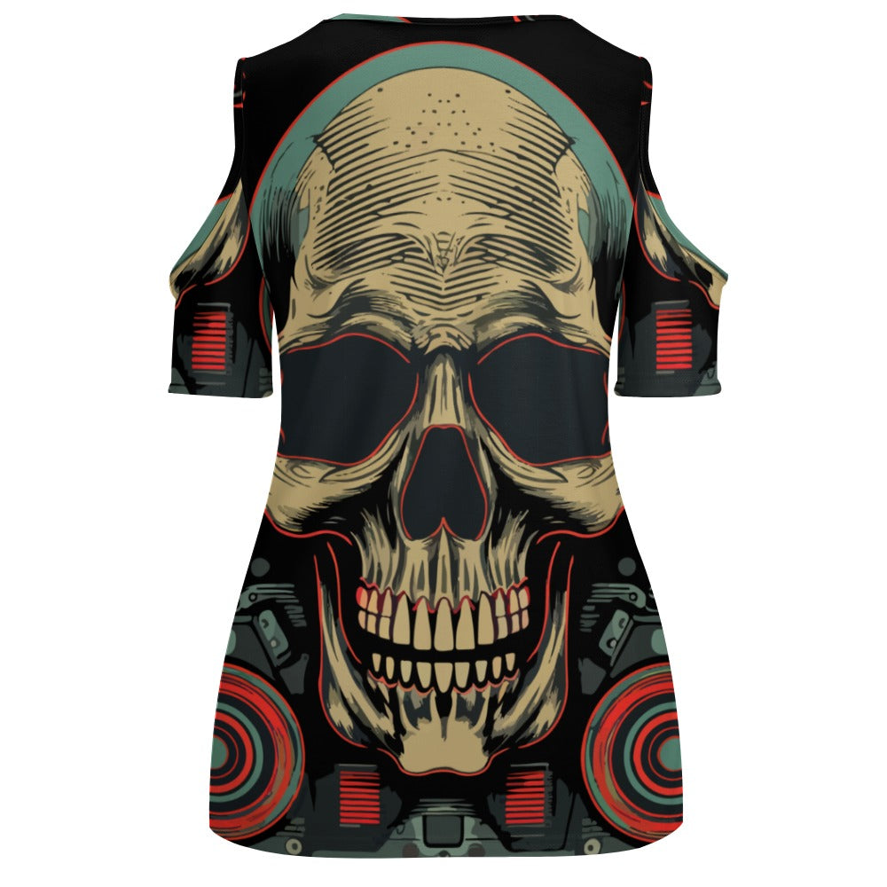 Edgy Skull Print Off-The-Shoulder U-Neck Short Sleeve T-Shirt - Perfect for Concerts, Parties & Gothic Fashion
