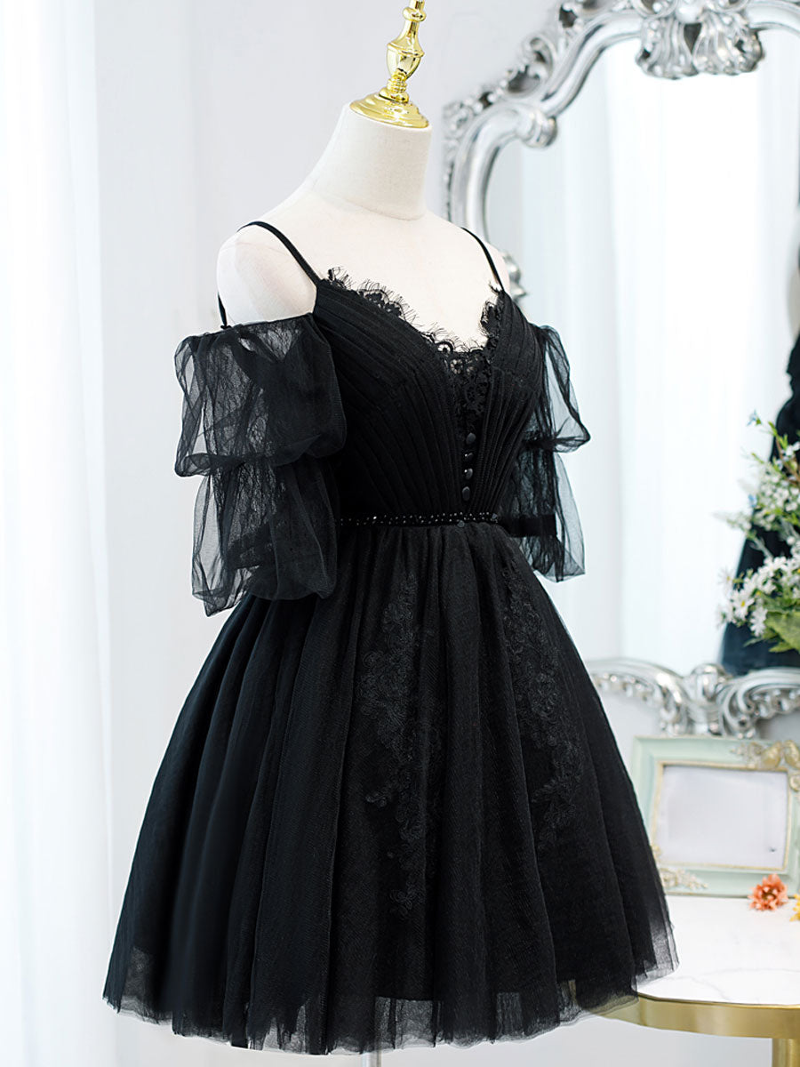 Elegant Black A-Line V-Neck Lace Short Prom Dress - Puffy Homecoming Mini Dress for Women | Perfect for Parties, Dances & Special Occasions