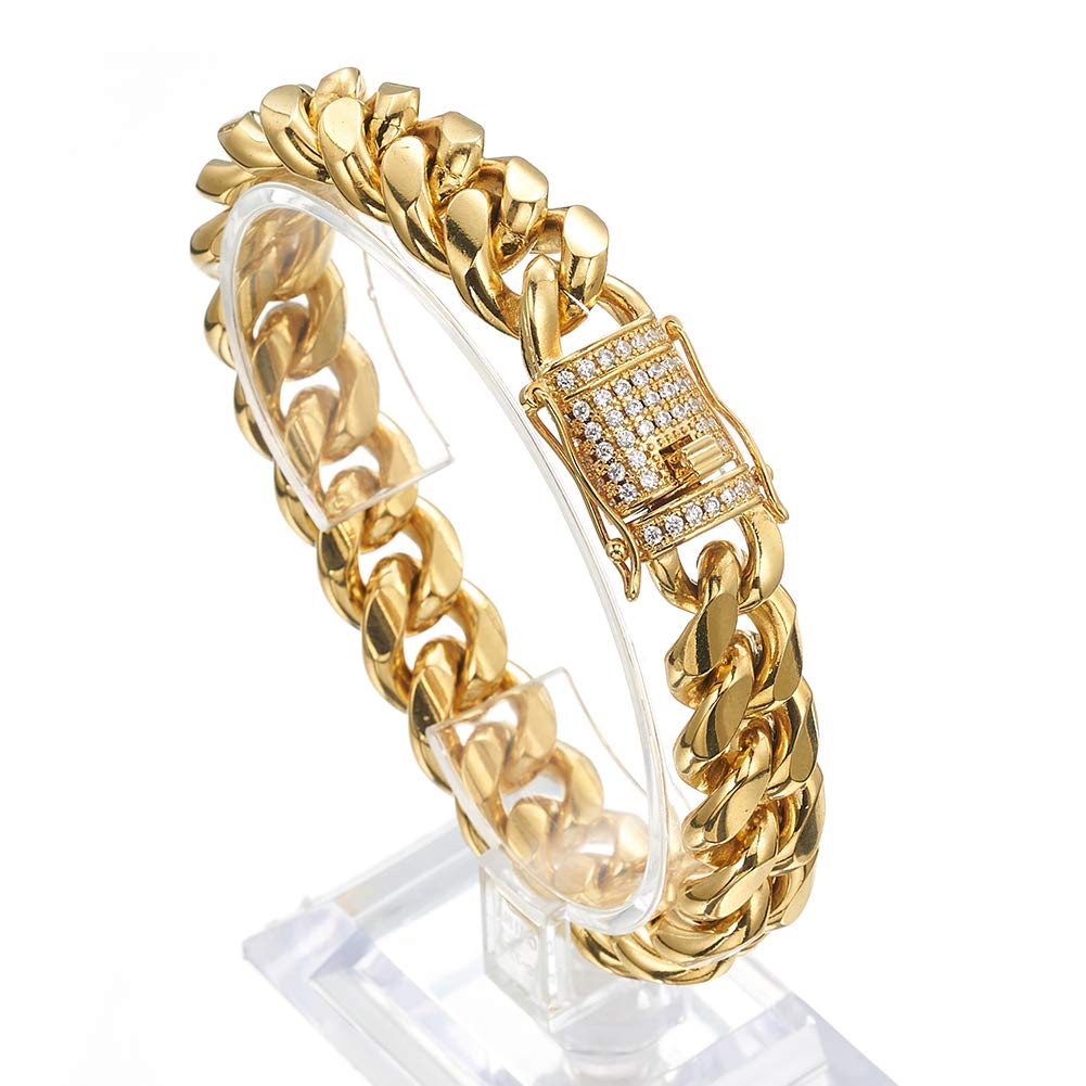 18K Gold Plated Miami Cuban Link Chain for Men - 15mm Stainless Steel Curb Necklace with CZ Diamonds | Hip Hop Jewelry, Gift for Him, Streetwear Accessory (Perfect for Parties, Dates & Special Occasions)