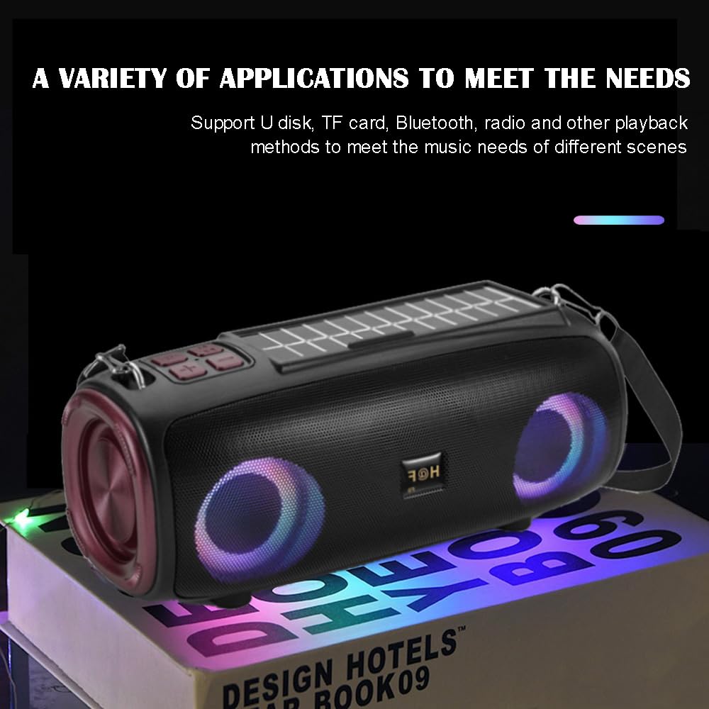 Solar Bluetooth Speaker with LED Marquee - Portable Wireless Outdoor Speaker with Solar Charging, FM Radio, Waterproof Design for Camping, Beach, Travel, Parties & Home Use (Black)