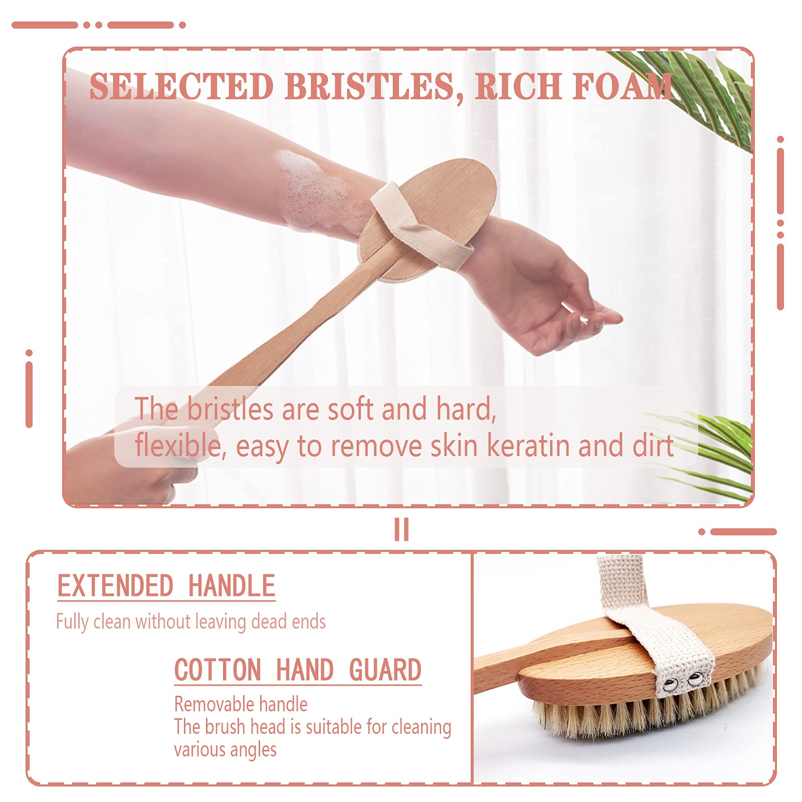 Long Handle Body Brush with Detachable Heads - Natural Bristles Back Scrubber & Exfoliating Shower Brush - Wooden Handle for Easy Skin Cleansing - Perfect for Spa, Dry Brushing & Shower Exfoliation