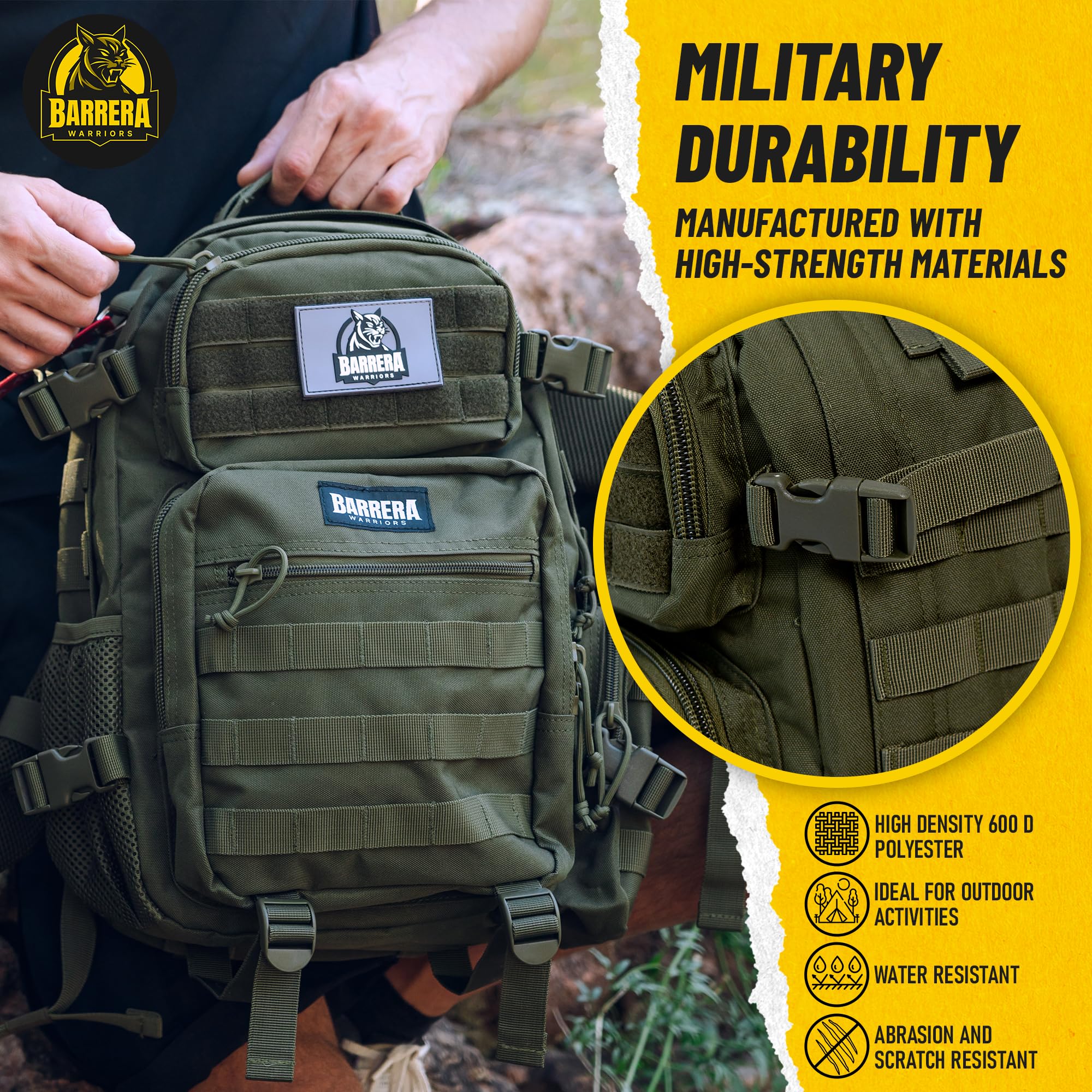 BARRERA Warriors 25L Tactical Backpack - Military Molle Rucksack for Men, Waterproof Laptop Daypack for Hiking, Camping & Travel - Army Green Assault Pack (Perfect for Outdoor Adventures, College & Daily Commute)