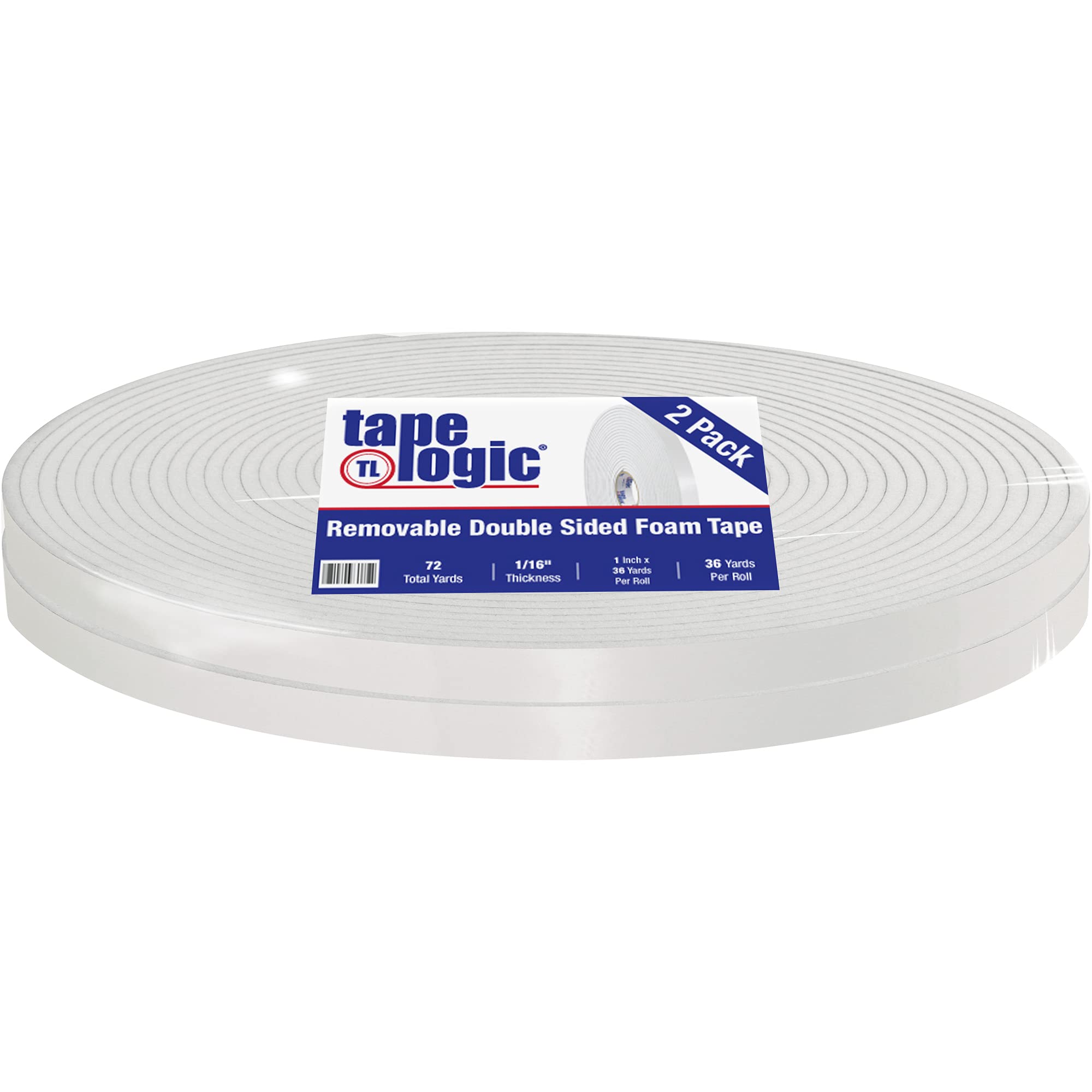 Tape Logic 2 Rolls 1 Inch x 36 Yards White Removable Double Sided Foam Mounting Tape - 1/16