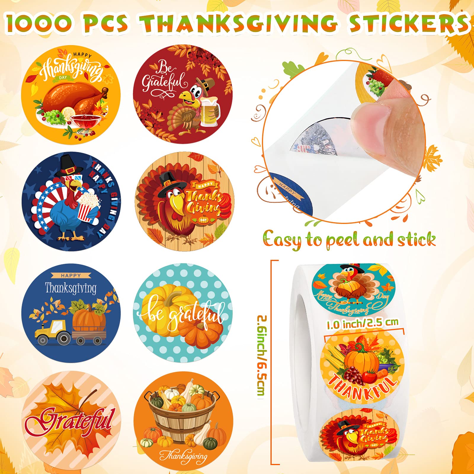 Zonon 1000-Piece Thanksgiving Stickers Set - Funny Turkey, Pumpkin & Maple Leaf Adhesive Decals for Fall Party Decorations | Perfect for DIY Crafts, Scrapbooking, Gift Wrapping & Autumn Festival Celebrations