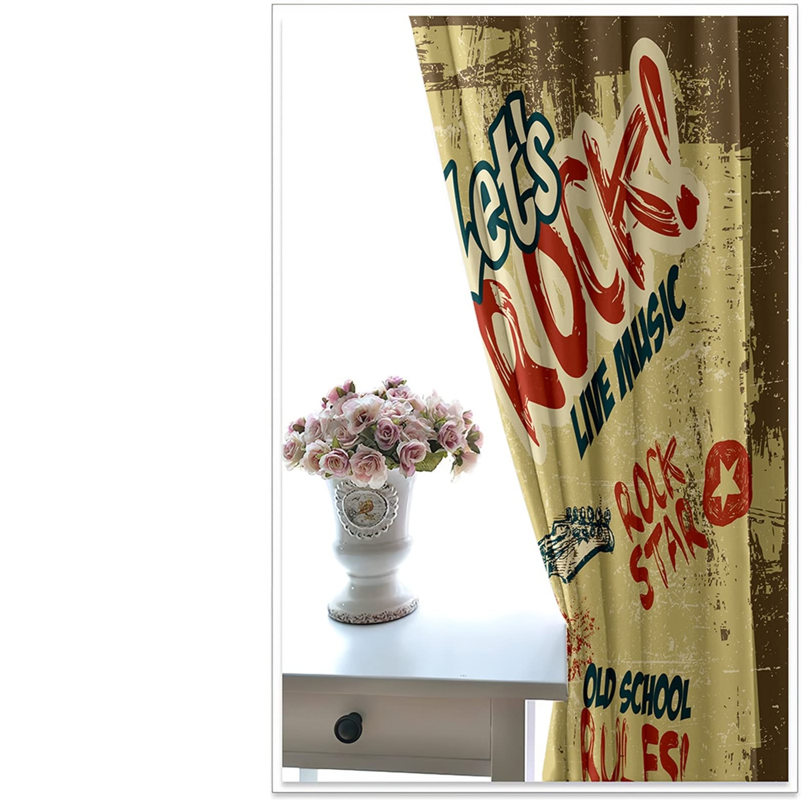 Rock Man Playing Electric Guitar Printed Polyester Curtains 108x63 Inch - Yellow Bedroom Drapes & Sliding Glass Door Curtains for Music Lovers' Home Decor