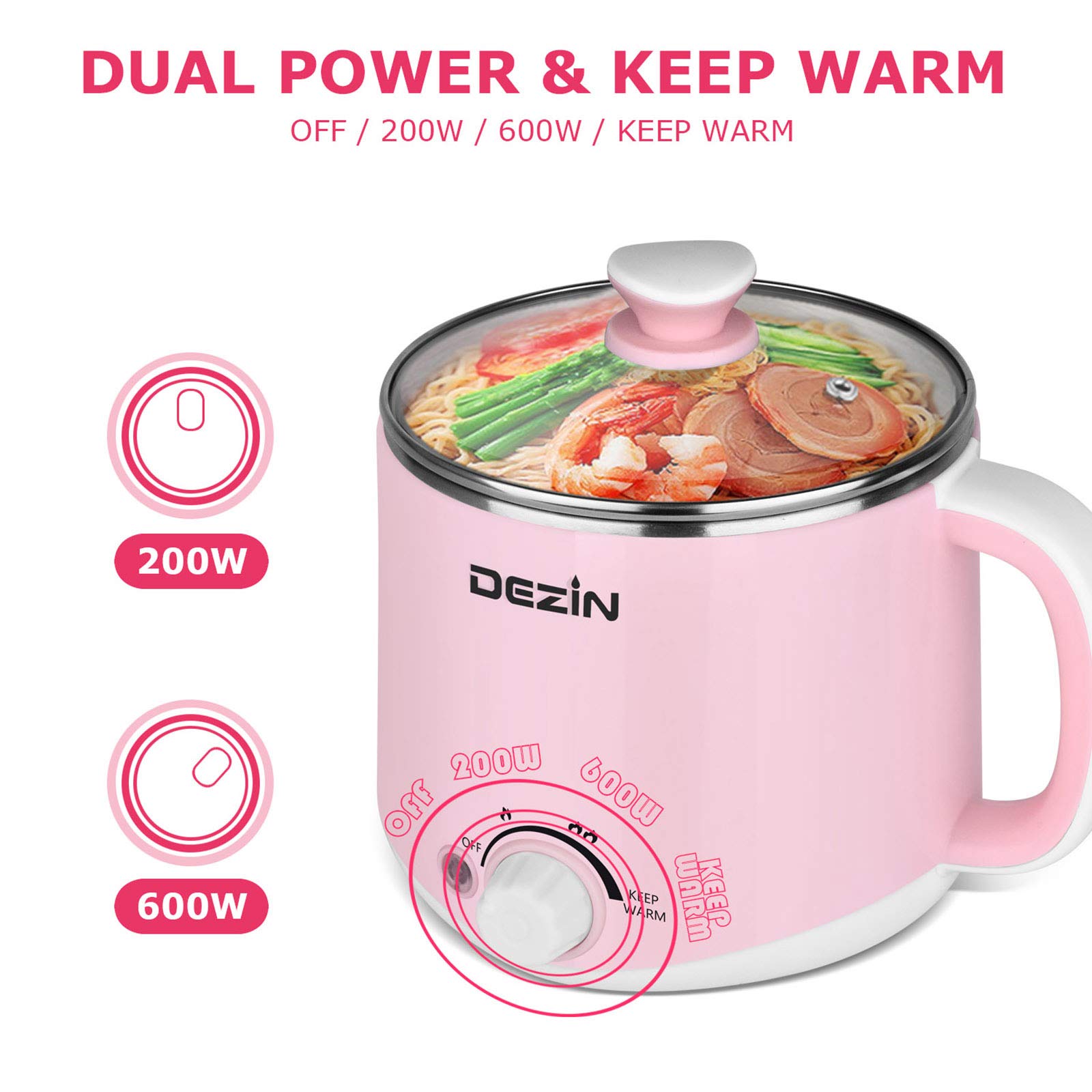 Dezin Electric Hot Pot 1.6L - Fast Noodle Cooker with Temperature Control & Keep Warm - Stainless Steel Multi-Cooker for Ramen, Pasta, Soup, Dumplings, Eggs, Oatmeal - Perfect for Dorm, Office, Camping & Small Kitchen Cooking