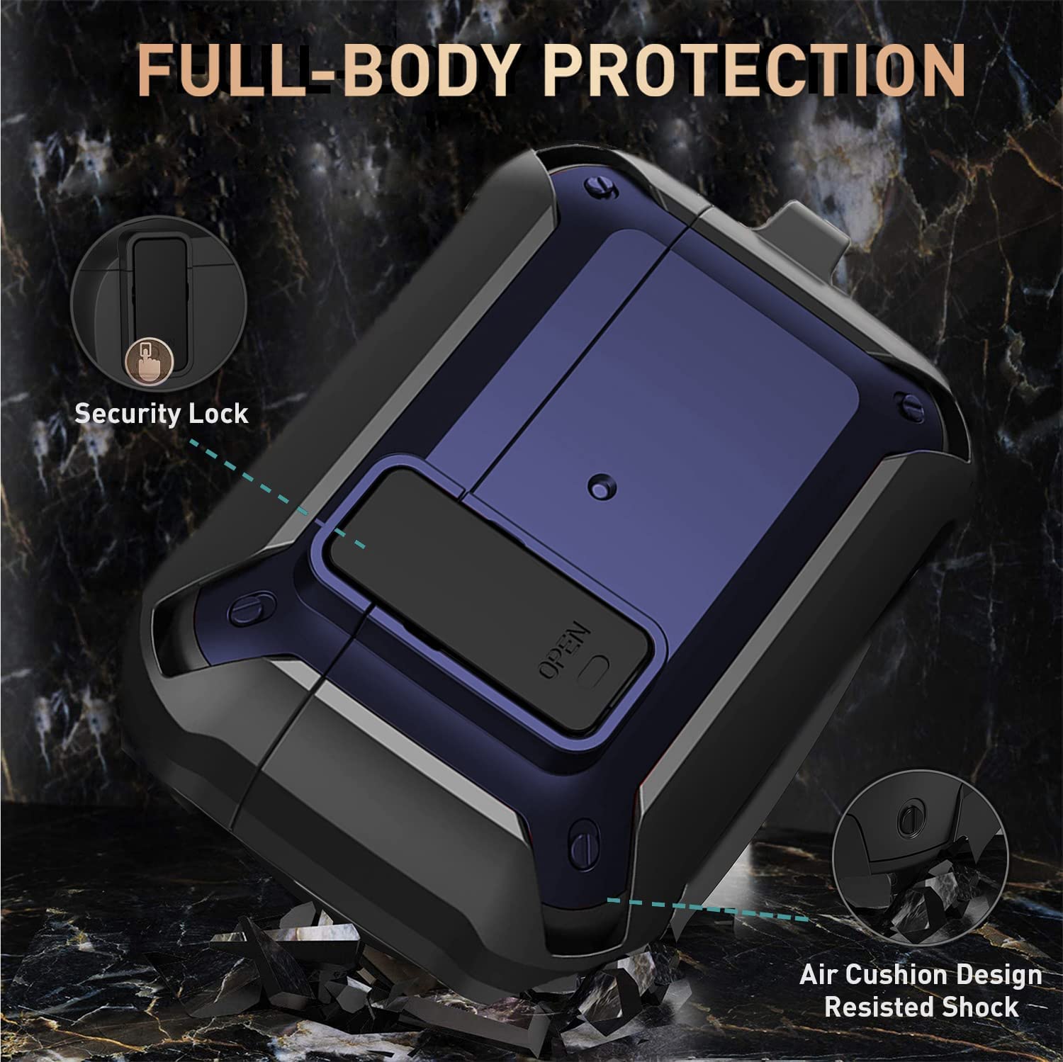 OTOPO Shockproof Rugged Protective Cover for AirPods Pro 1/2 Case with Cleaning Kit - Black/Blue | Durable AirPods Case Cover for Travel, Sports & Daily Protection