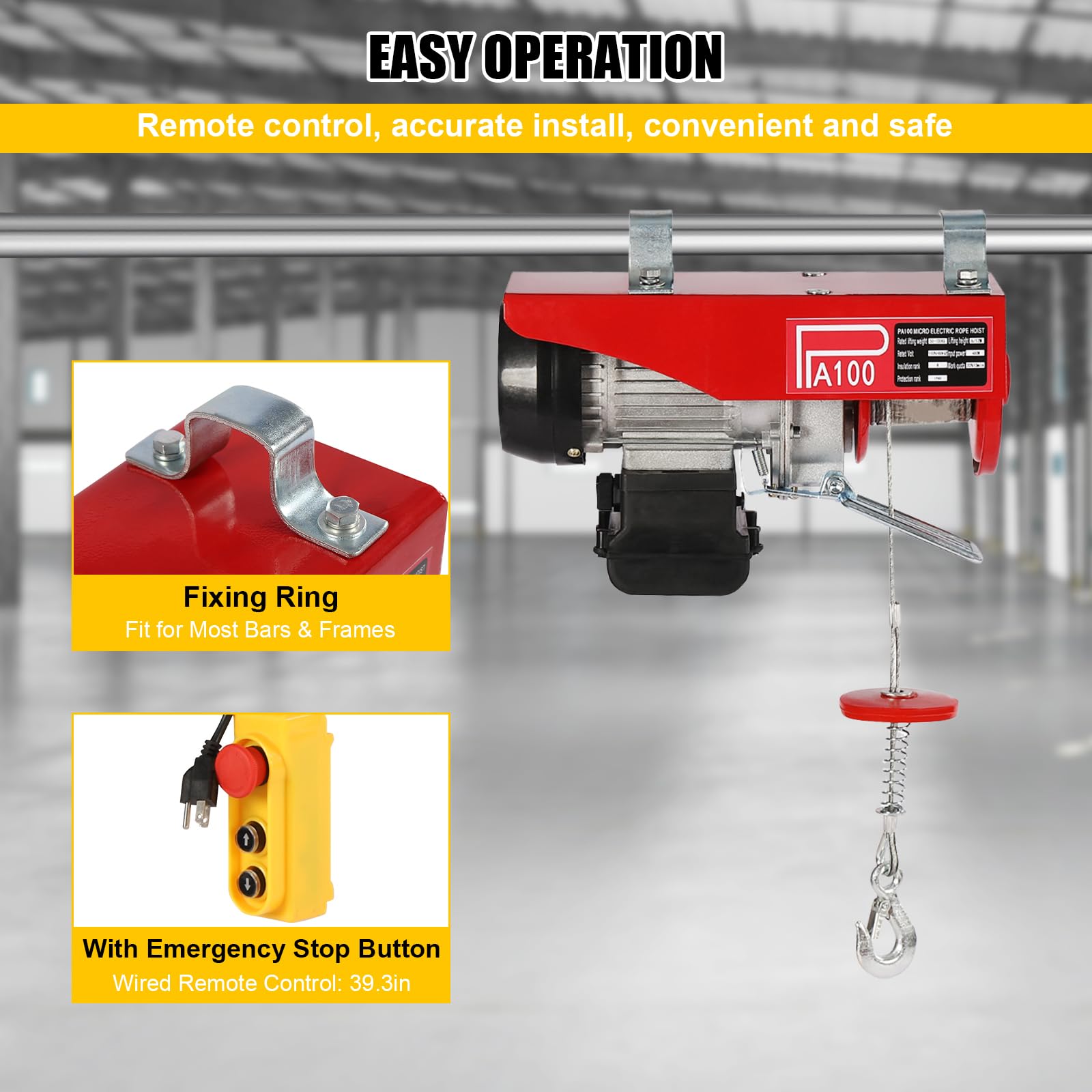 220LBS Electric Hoist with Wired Remote Control - Single/Double Slings Electric Winch for Attic, Warehouse & Construction - 110V Steel Electric Lift for Factories, Garages & Home Use - Heavy Duty Lifting Equipment for DIY Projects & Industrial Applications