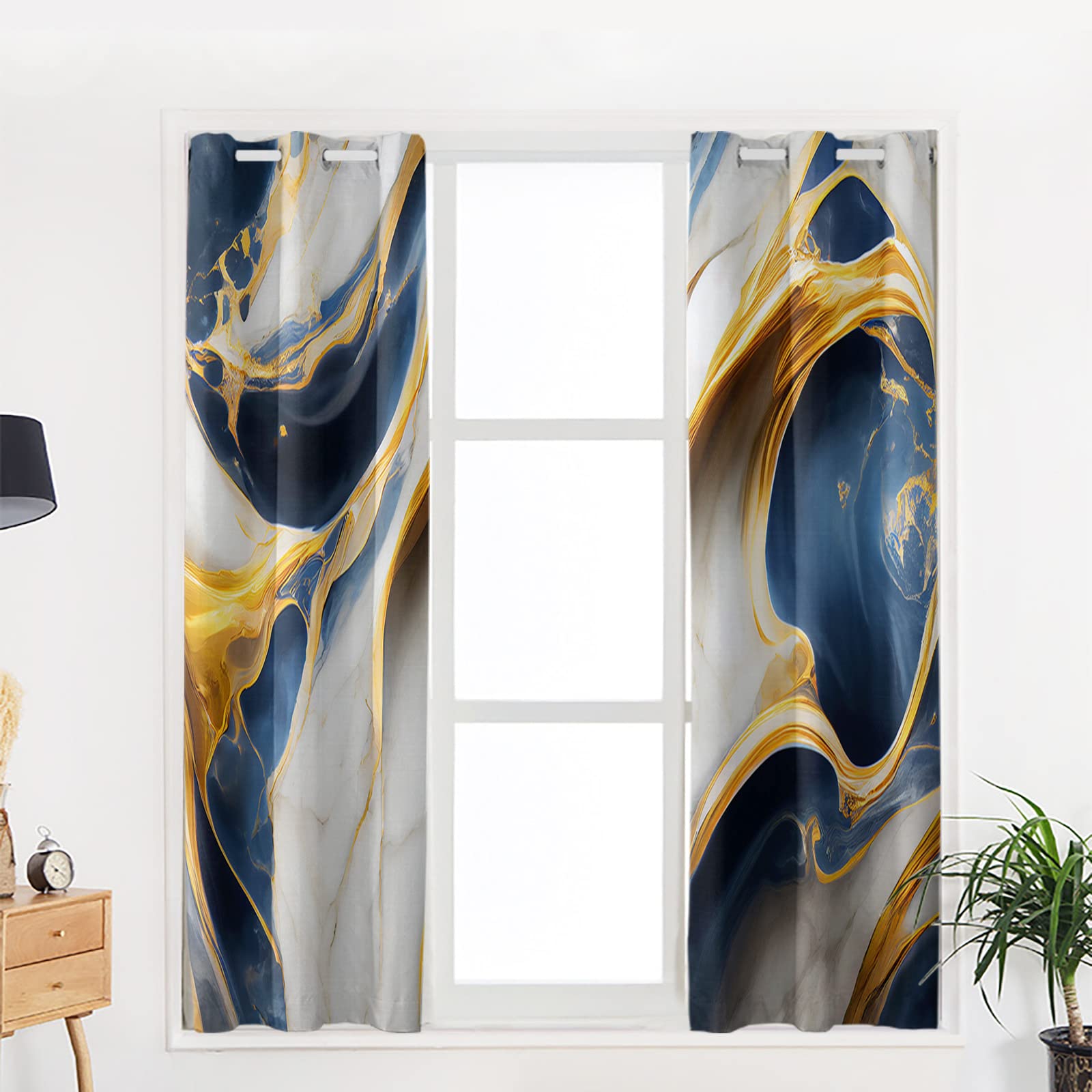 Abstract Navy Blue & Mustard Yellow Marble Swirl Blackout Curtains - Thermal Insulated Room Darkening Drapes for Living Room & Bedroom (2 Panels, 52x84 Inches) - Perfect for Home Decor, Privacy & Energy Efficiency