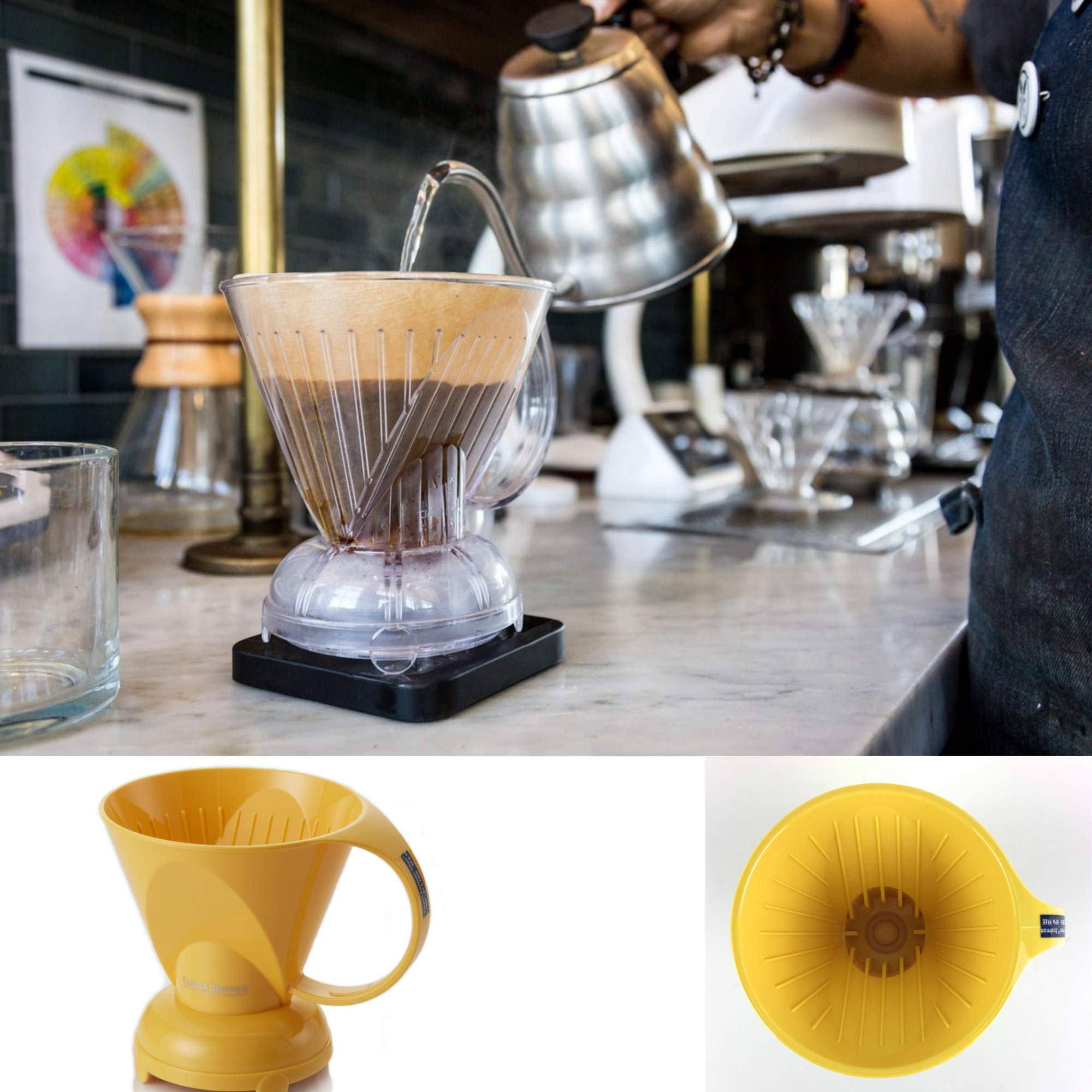 Clever Yellow Coffee Dripper - BPA-Free Plastic Pour Over Coffee Maker for Hot & Cold Brew (18oz) - Perfect for Home, Office & Camping Use