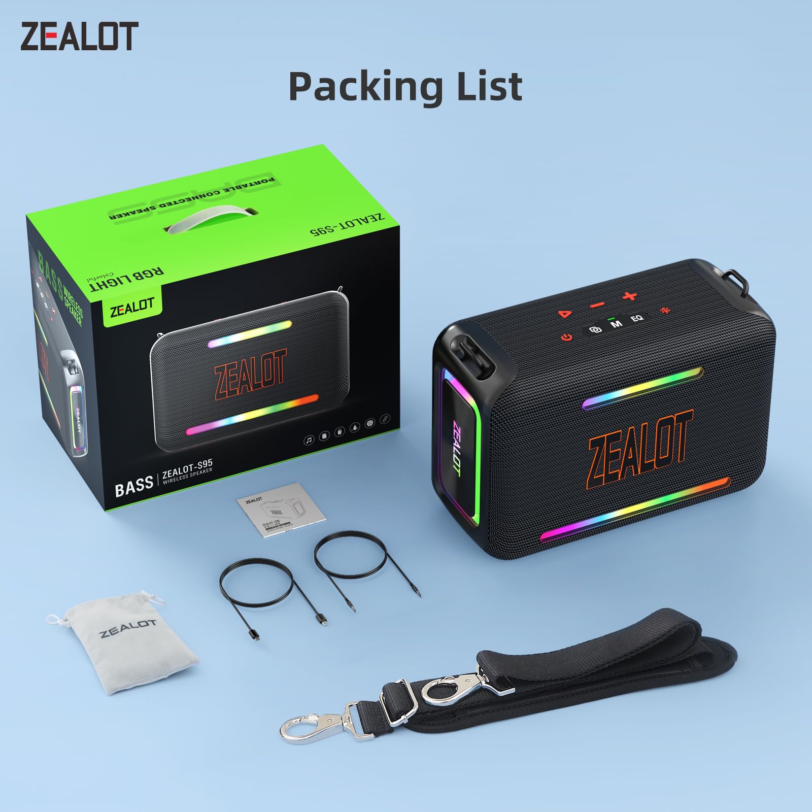 ZEALOT 120W Powerful Bluetooth Speaker - IPX6 Waterproof Wireless Speaker with LED Lights, 40H Playtime & Custom EQ | Portable Outdoor Party Speaker with Deep Bass for Beach, Camping, Poolside & Home Entertainment