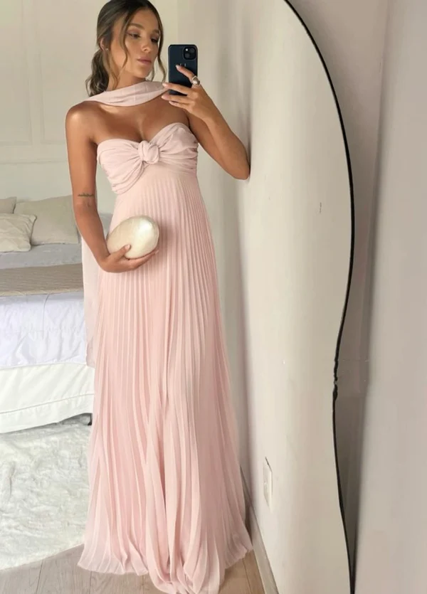 Elegant Light Pink Strapless Chiffon Long Prom Dress for Evening Party & Formal Events - J3987 | Perfect for Homecoming, Prom Night, Wedding Guest & Special Occasions