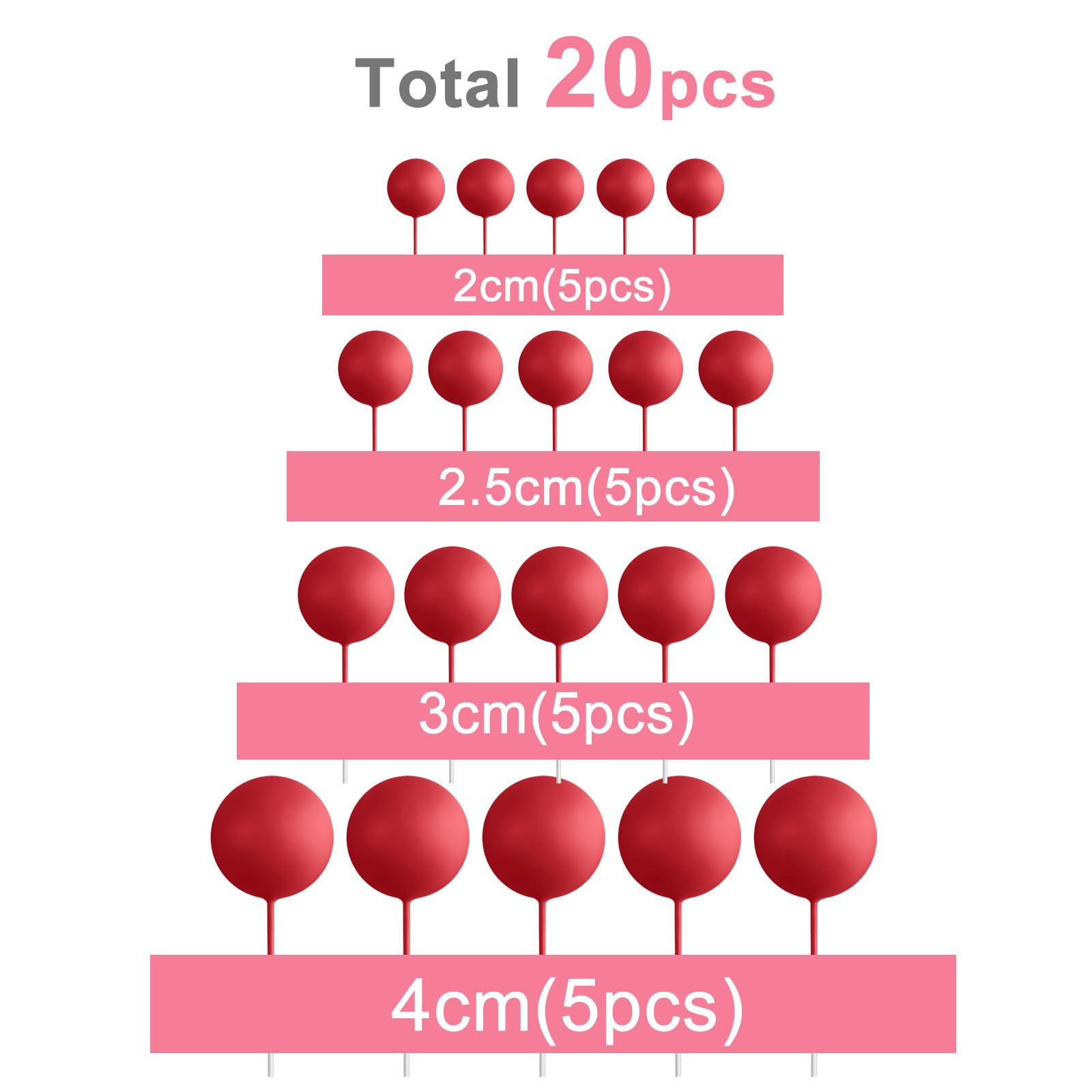 20 Pcs Mini Balloon Cake Toppers - Red Ball Cake Decorations with Sticks for Birthday, Christmas & Party Cakes - Perfect for Cupcakes, Wedding Cakes & Dessert Decorating
