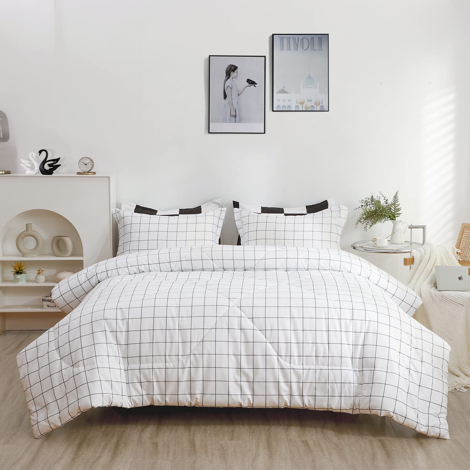 LUCKYBULL King Size 3-Piece Comforter Set - Fluffy Down Alternative Bedding with Soft Grid Texture, Includes Comforter & 2 Pillowcases - All Seasons White - Perfect for Cozy Bedrooms & Guest Rooms