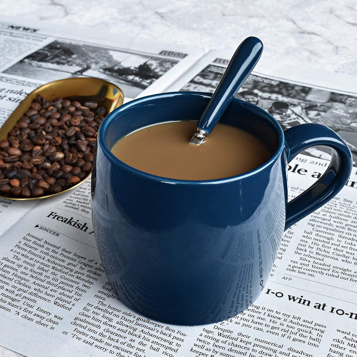 Bosmarlin 14 oz Ceramic Coffee Mug with Spoon - Blue Glossy Tea Cup for Office, Home, Travel - Dishwasher & Microwave Safe - Perfect for Hot Beverages, Soups, and Desserts (1 Pack)