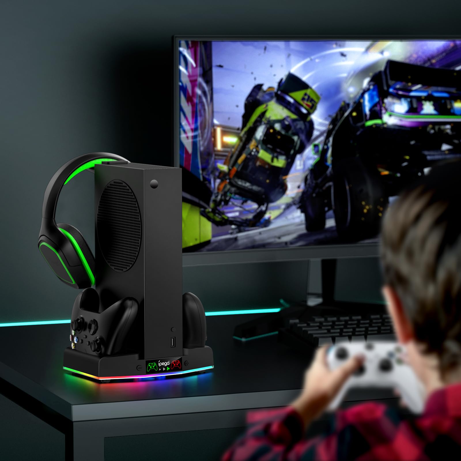 Upgraded Cooling Fan Stand with Charger Station for Xbox Series S | Controller Charging Dock, RGB Cooling System (15 Colors) & Headset Hook | Perfect for Gaming Setup & Console Protection