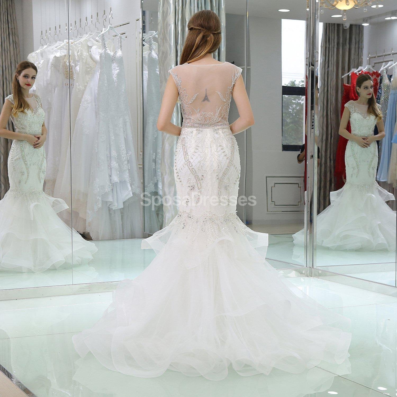Sparkling Cap Sleeve Rhinestone Mermaid Wedding Dress - Elegant A-Line Bridal Gown for Beach/Church Ceremony (WD583) | Perfect for Romantic Outdoor Weddings & Formal Receptions