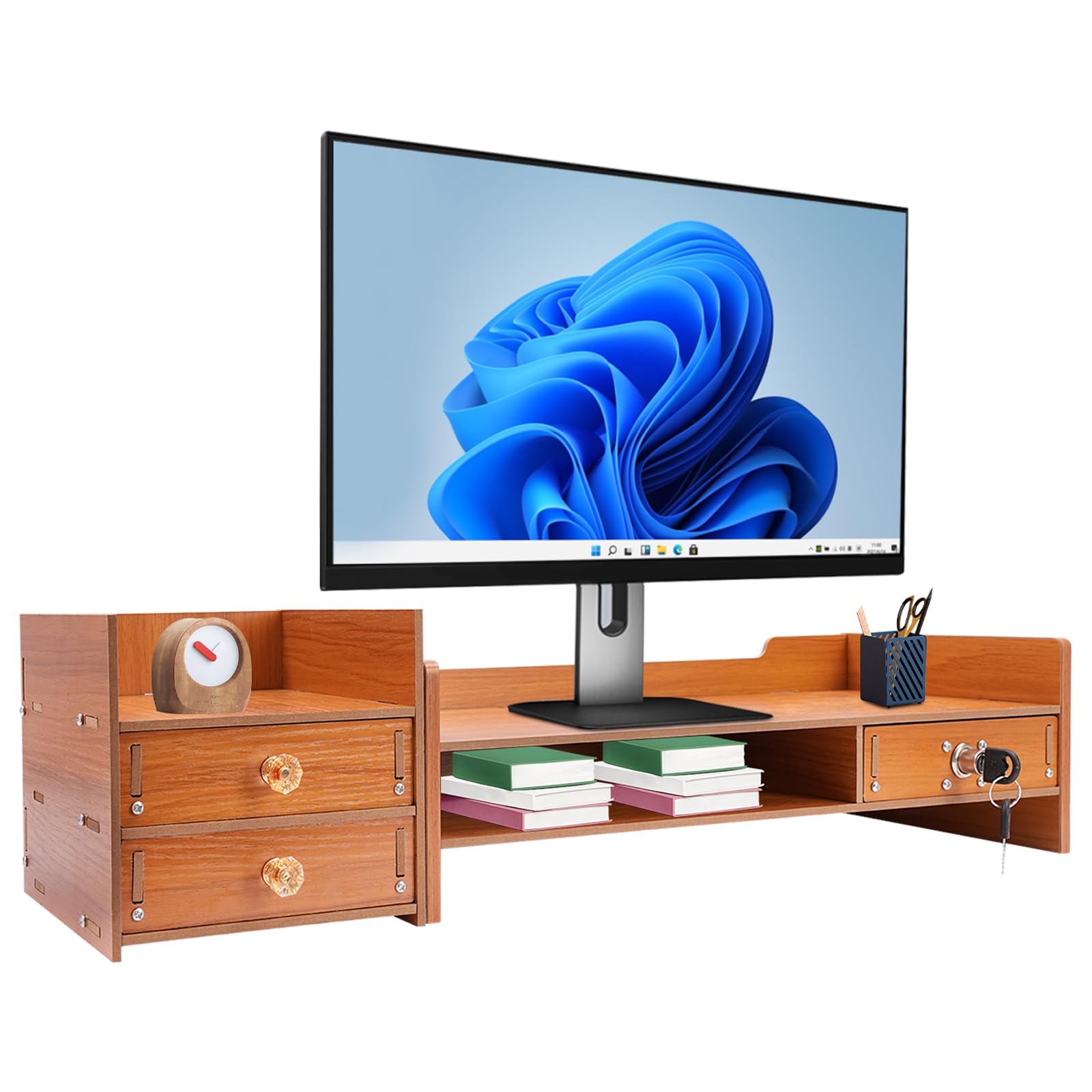 Ergonomic Wooden Monitor Stand with 3 Drawers - Adjustable Desk Riser for Computer Screens, Home Office Storage Shelf & Workspace Organizer - Perfect for Dual Monitor Setup, Gaming & Remote Work Accessories