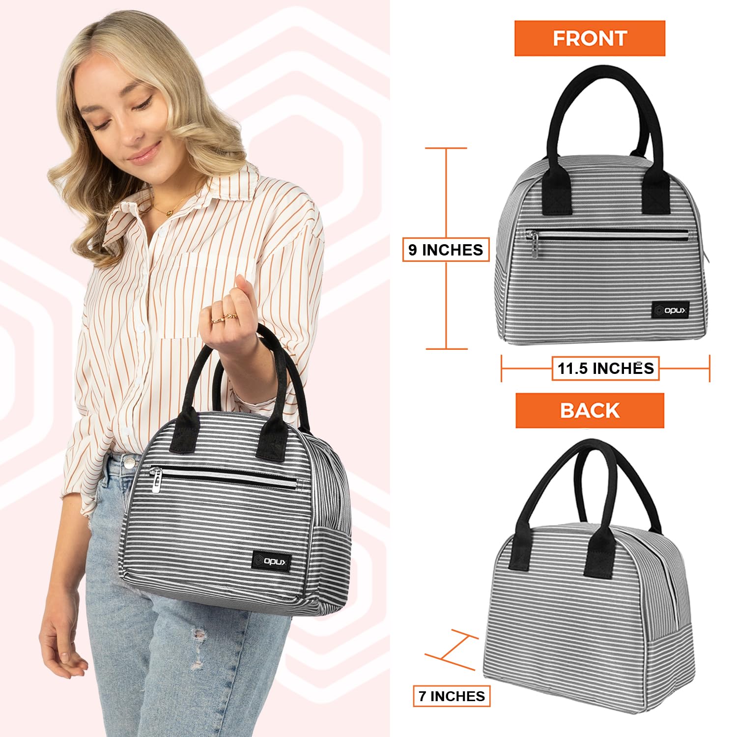 OPUX Insulated Lunch Box for Women, Girls, Kids & Teens - Soft Thermal Lunch Bag Tote for Work, School & Travel - Reusable Food Cooler Container for Meal Prep, Beach & Outdoor Activities - Black & White Stripes