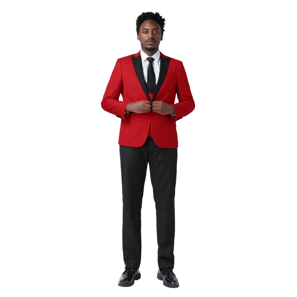 3 Piece Men's Slim Fit One Button Tuxedo Suit with Peaked Lapel - Formal Red Wedding, Prom, Gala & Business Attire for Special Occasions