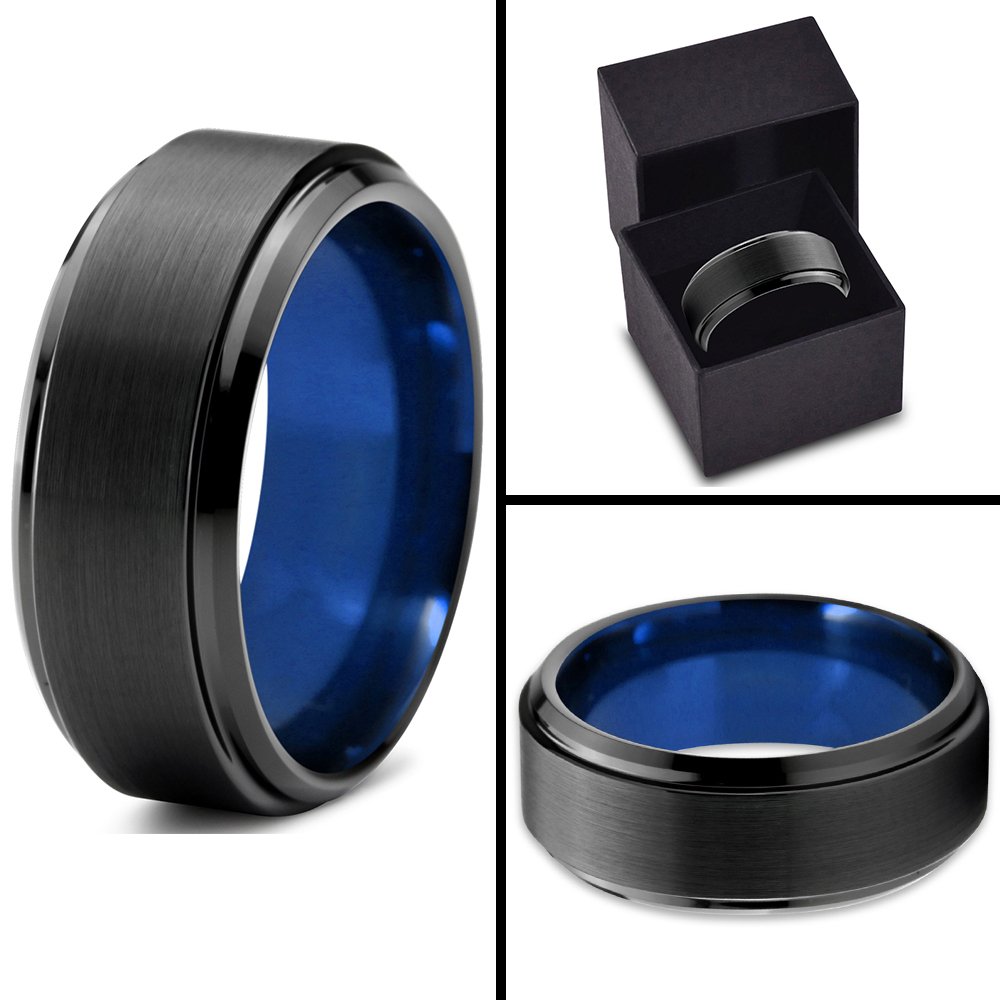 Tungsten Carbide Wedding Band Ring for Men & Women - 8mm Blue & Black Interior, Step Bevel Edge, Brushed & Polished Finish - Custom Engraved Anniversary & Engagement Ring - Perfect for Weddings, Proposals & Special Occasions