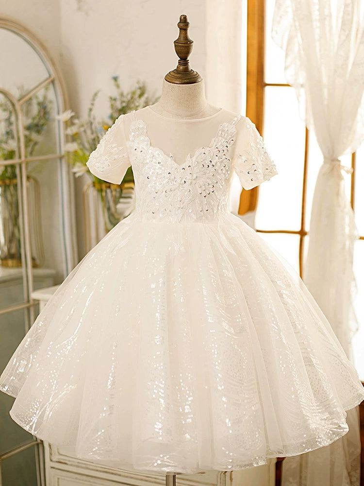 Princess Sweetheart Neckline Tea-Length Tulle Flower Girl Dress - White for Weddings, Bridal Showers & Special Occasions