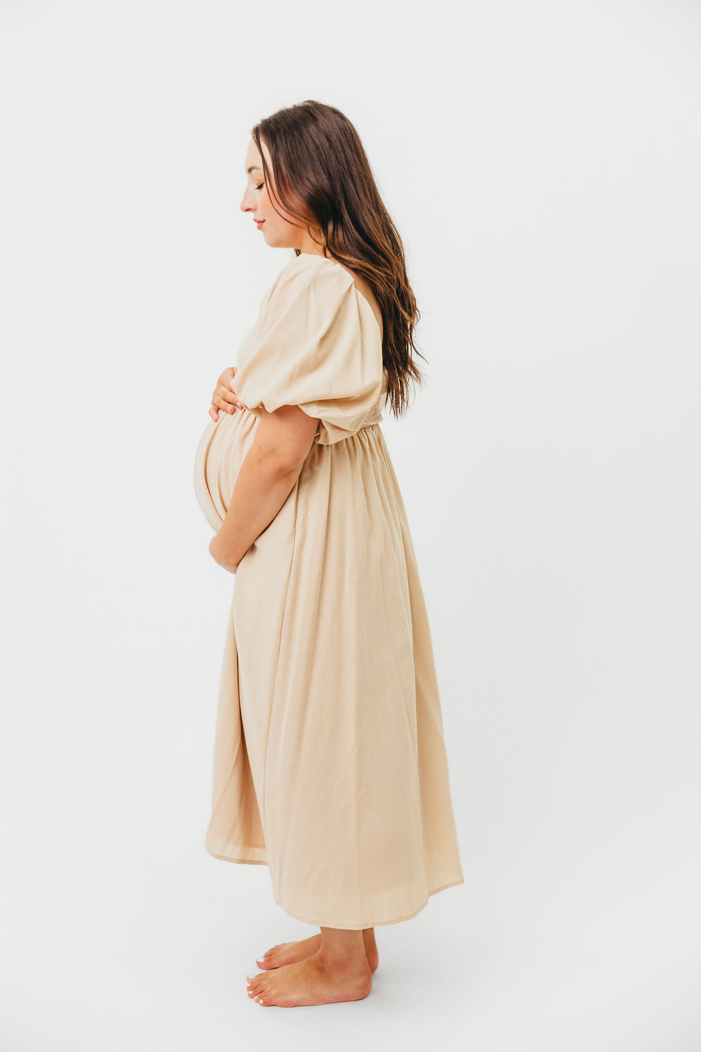 Hamilton Midi Dress in Taupe - Bump Friendly Maternity Dress (Sizes S-2XL) | Perfect for Pregnancy, Baby Showers & Special Occasions
