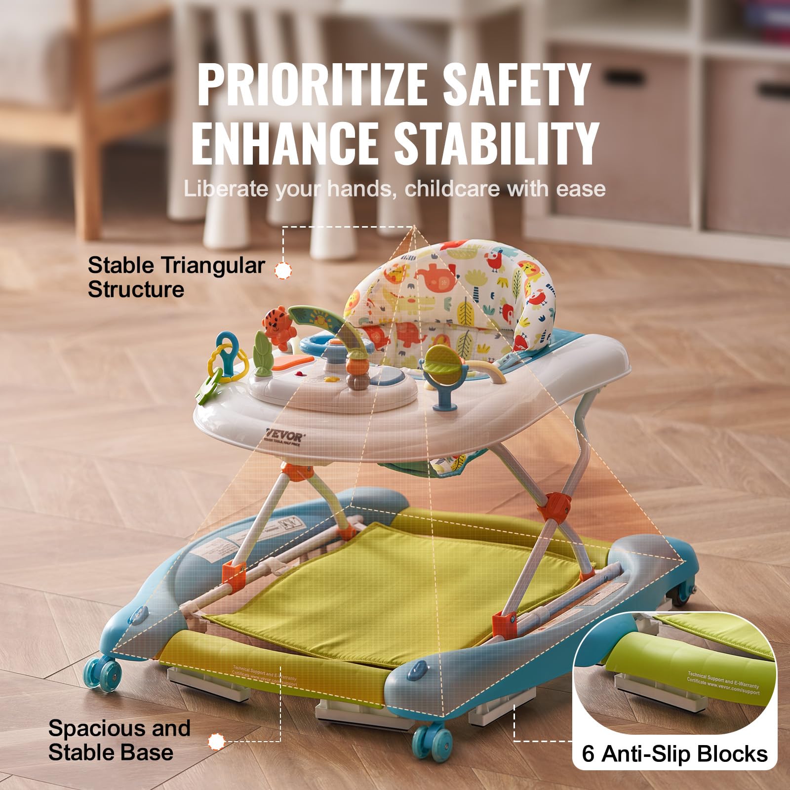 VEVOR 4-in-1 Baby Activity Walker with Wheels - Adjustable Height Learning Walker, Rocker & Bouncer for Toddlers 6-24 Months | Foldable Design with Music & Toy Tray | Perfect for Indoor Play & Early Development