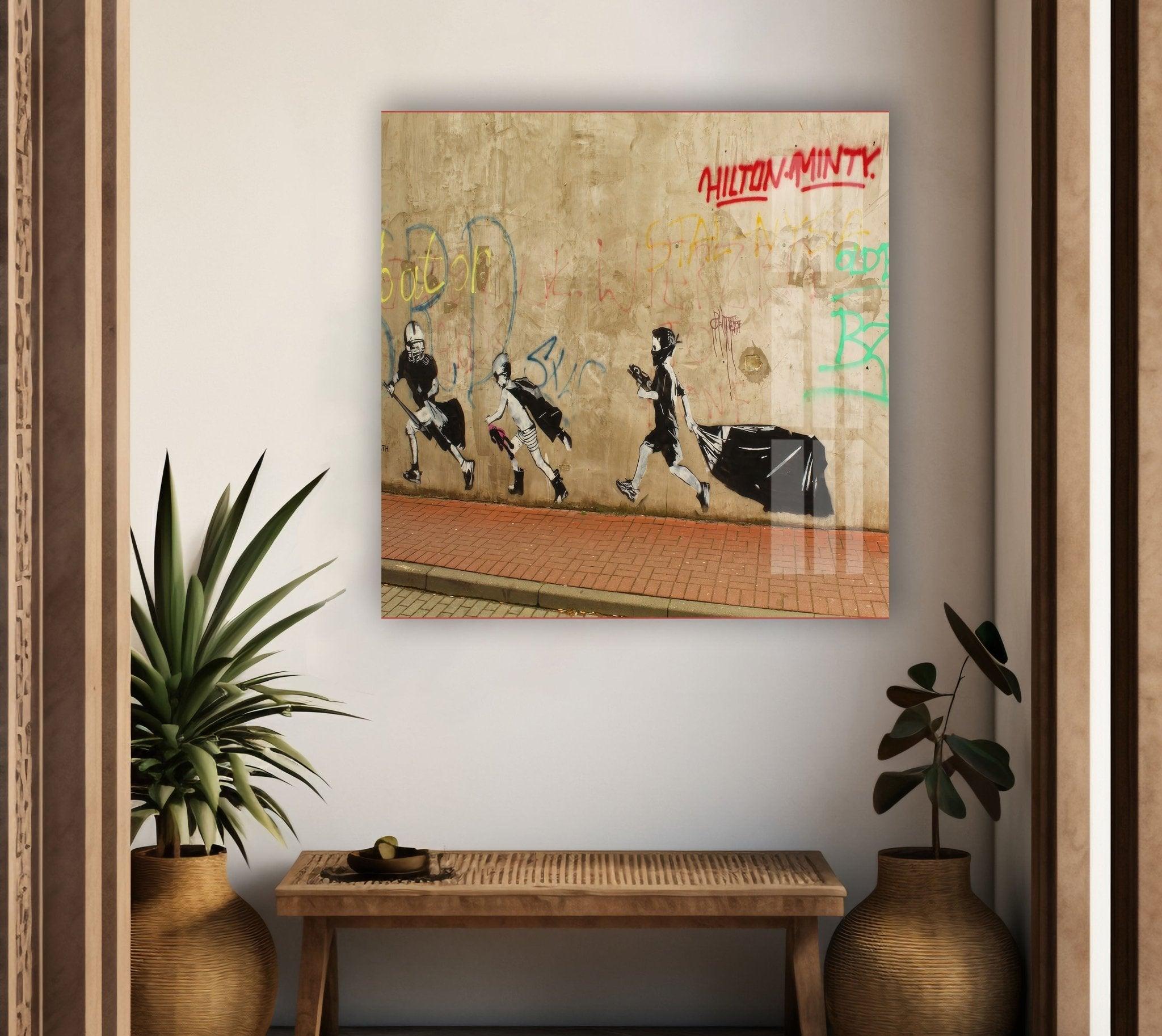 Banksy Boys Heroes Glass Wall Art - Modern Street Art Decor for Living Room, Bedroom & Office - Unique Gift for Art Lovers