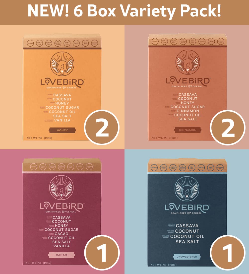 Lovebird Healthy Cereal - Organic, Grain Free, Gluten Free, Paleo AIP & Keto Friendly Breakfast Cereal with No Refined Sugar | Delicious Snack for Kids & Adults | Variety 6 Pack | Perfect for Quick Breakfasts, Office Snacks & Healthy On-the-Go Meals