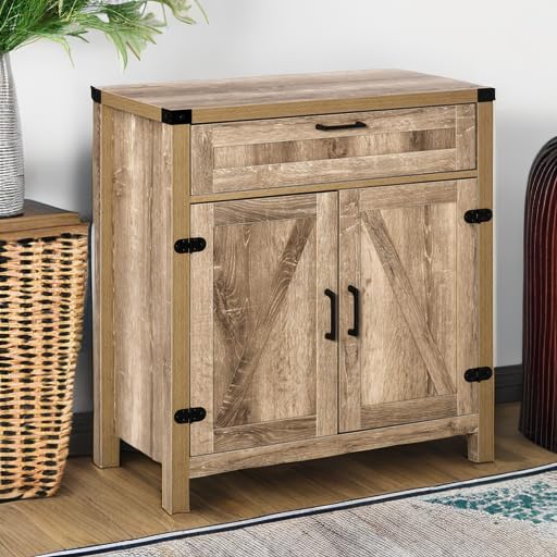 HOMCOM Modern Farmhouse Sideboard Buffet Cabinet with Storage Drawer & 2 Barn Doors - Oak Finish Kitchen Storage & Coffee Bar Cabinet for Dining Room, Living Room, or Entryway Organization