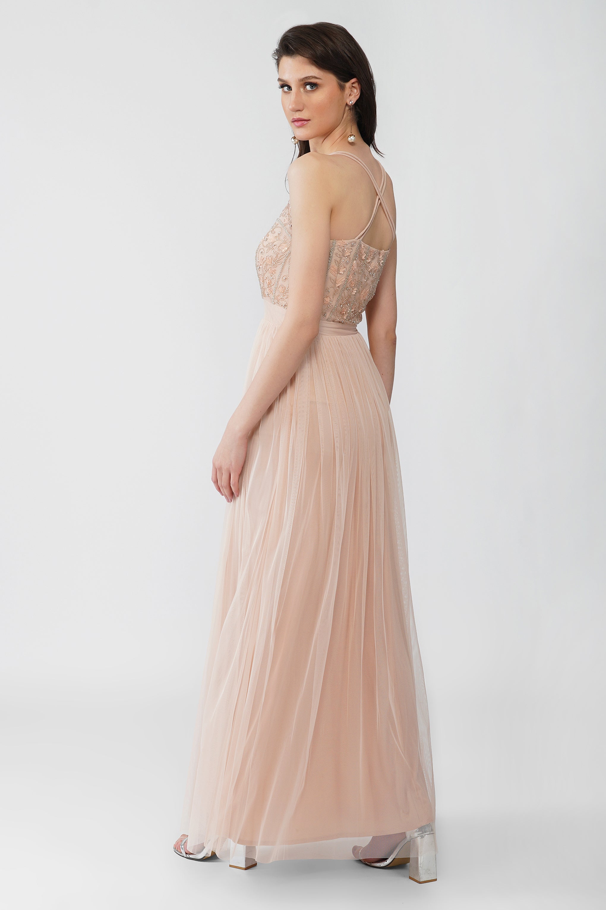 Elegant Ursa Blush Pink Embellished Maxi Dress for Women - Perfect for Weddings, Parties & Special Occasions