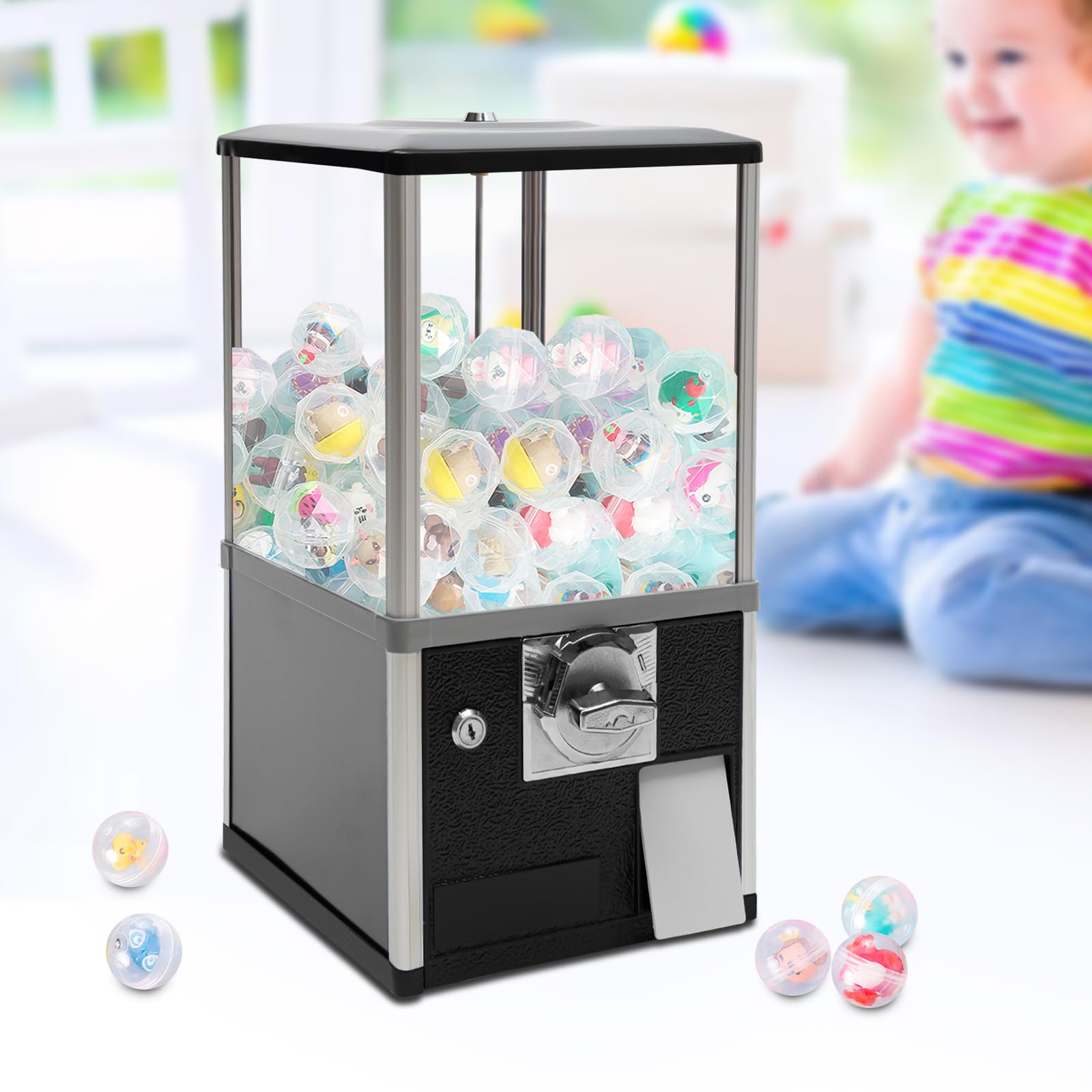 Commercial Gumball Machine for Business - 1.77-1.97 Inch Ball Diameter, 800 Coin Capacity, 4 Quarter Coin Mechanism - Perfect for Vending Capsule Toys, Candy & Gumballs in Stores, Arcades & Restaurants (Black)