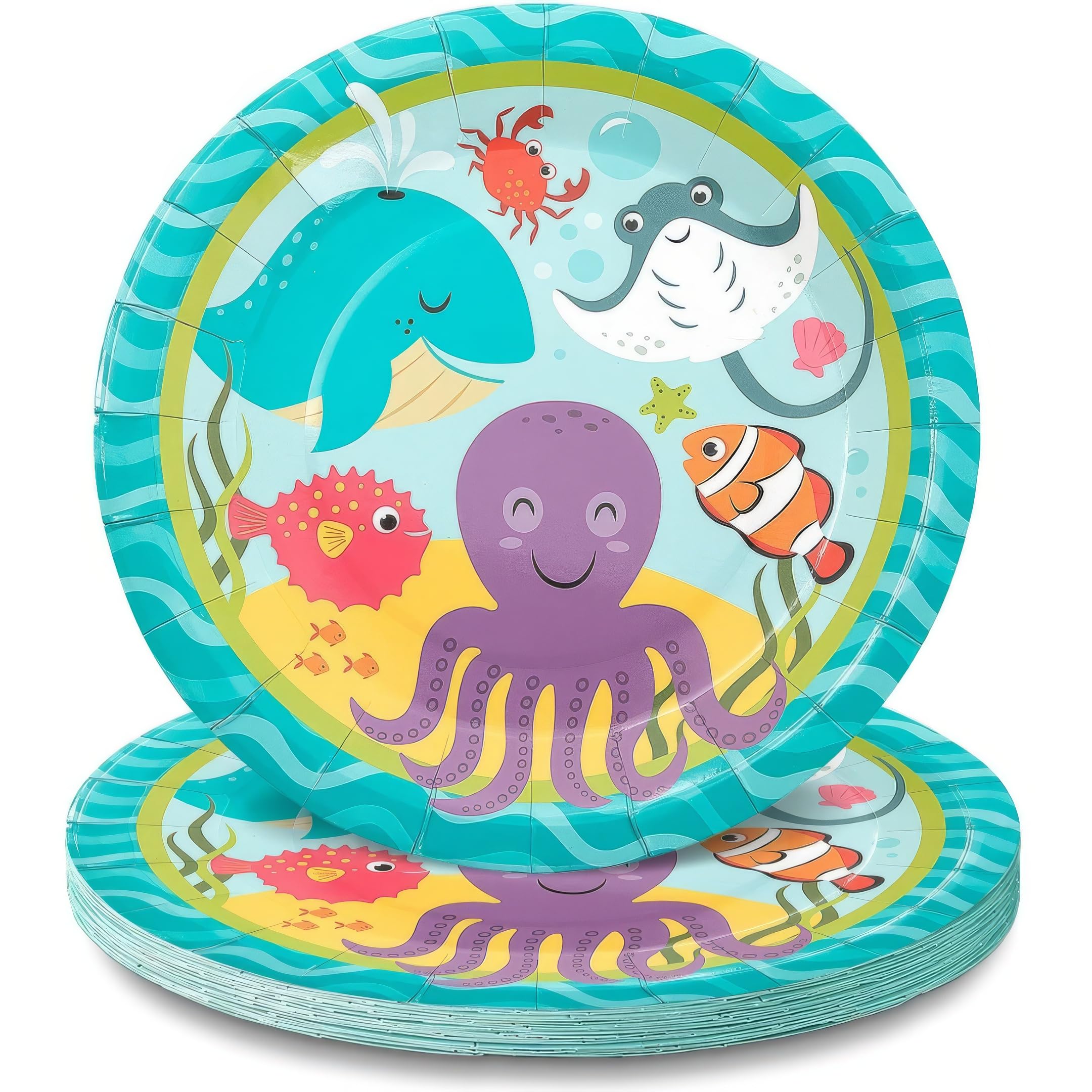 Under the Sea Party Paper Plates - 8pc Ocean Animal Theme Disposable Dinner Plates for Kids Birthday, Baby Shower & Summer Party Decorations - Sea Turtle, Dolphin & Fish Design