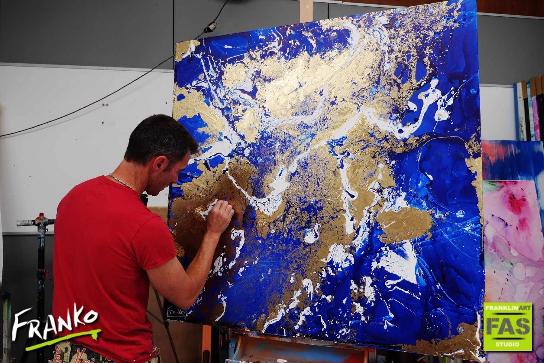 Fluid Gold 120x120cm Blue Metallic Gold Abstract Canvas Art - Modern Wall Decor for Living Room, Bedroom & Office