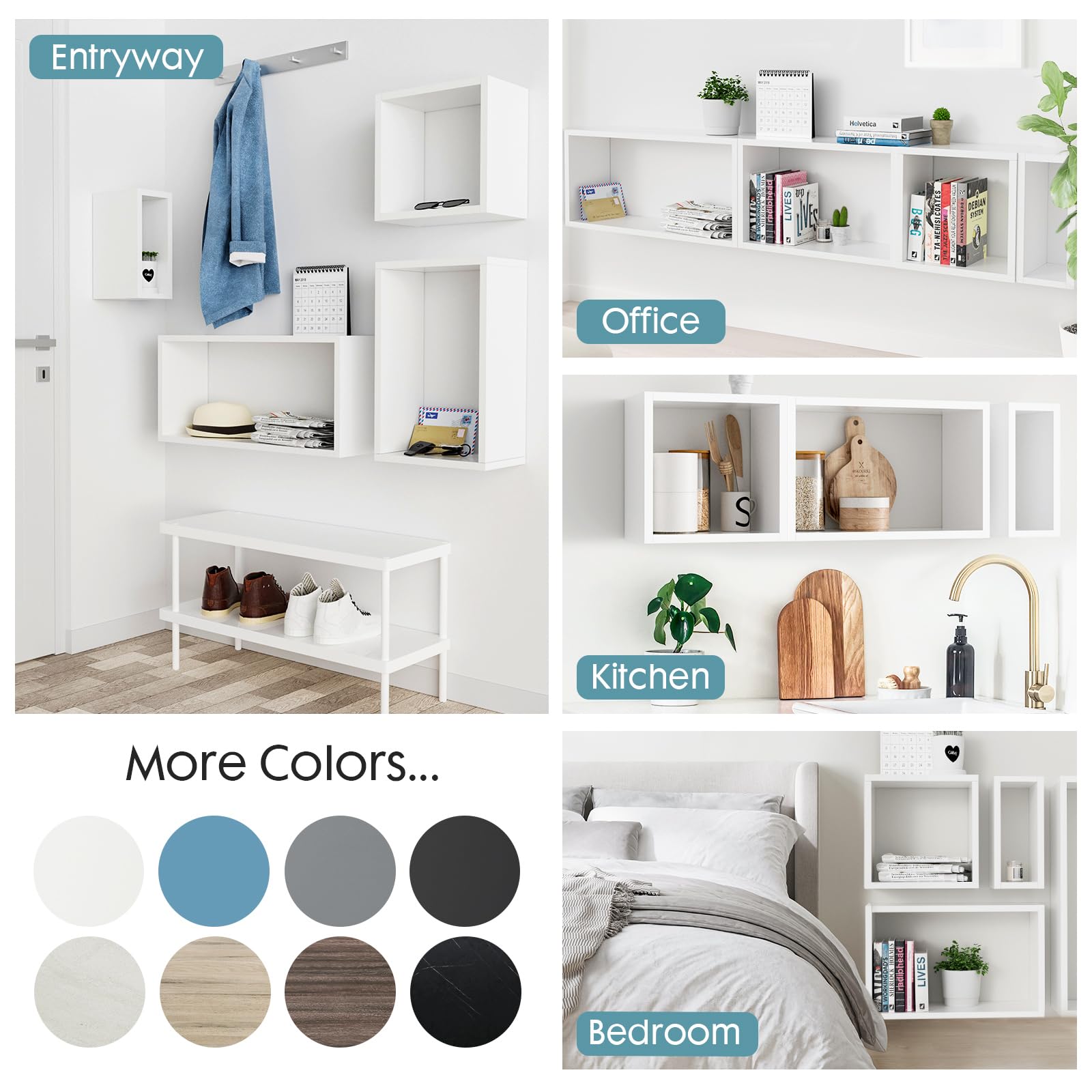 Kaboon Floating Wall Mount Shelf Set of 4 - White Large Cube Shelves for Home & Office Decor | Perfect for Living Room, Bedroom, Kitchen & Commercial Spaces